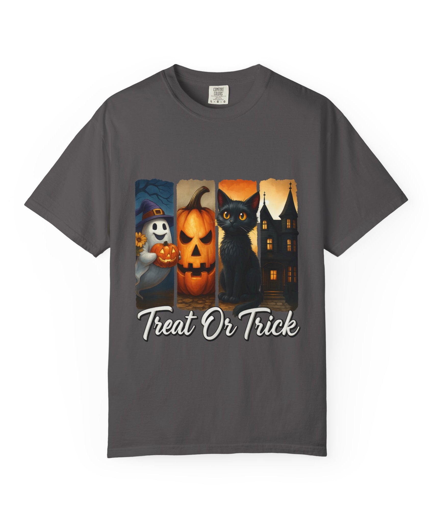 Treat Or Trick Halloween T-Shirt – Cute Ghost, Pumpkin, Black Cat & Haunted House Design - Gallory Hive