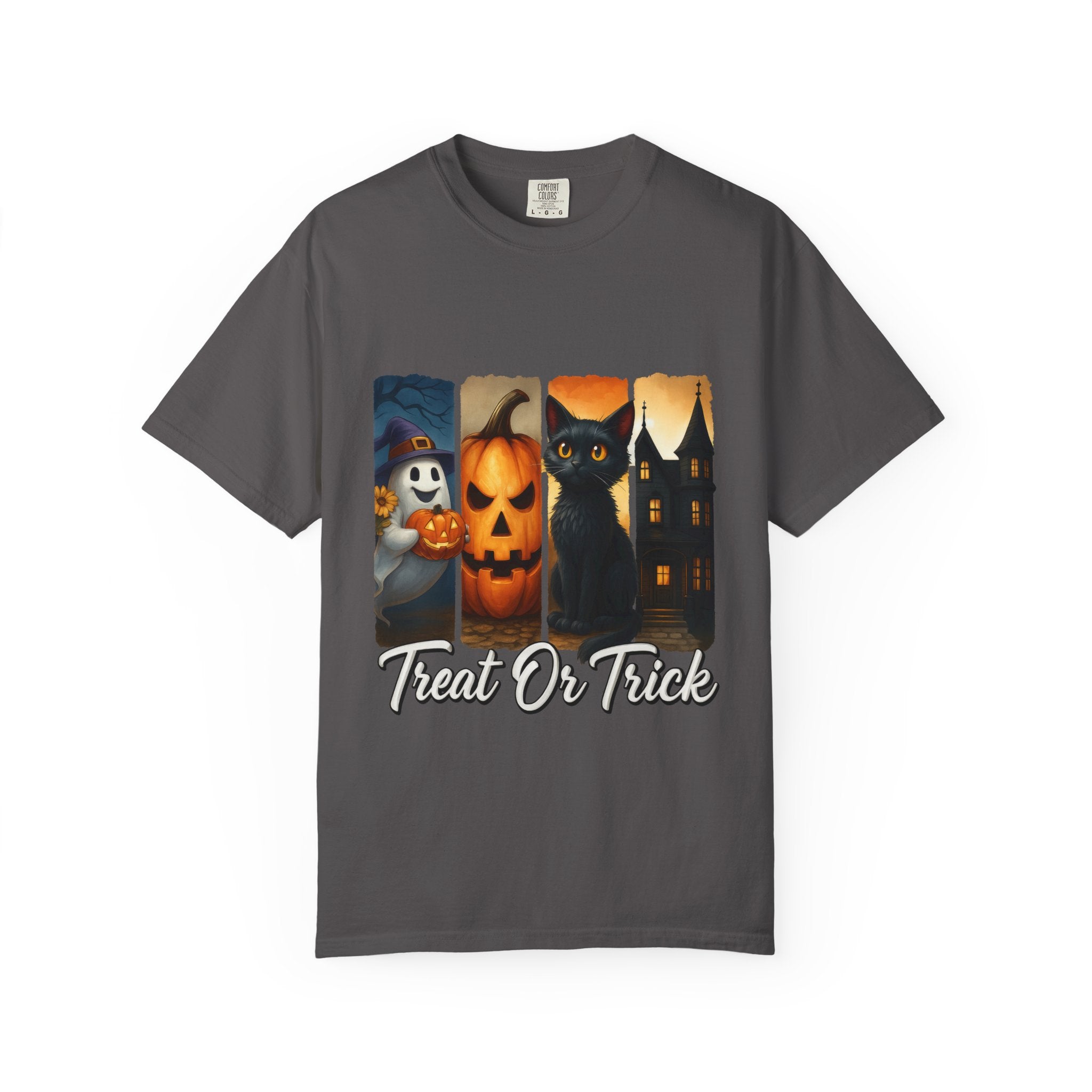 Treat Or Trick Halloween T-Shirt – Cute Ghost, Pumpkin, Black Cat & Haunted House Design - Gallory Hive