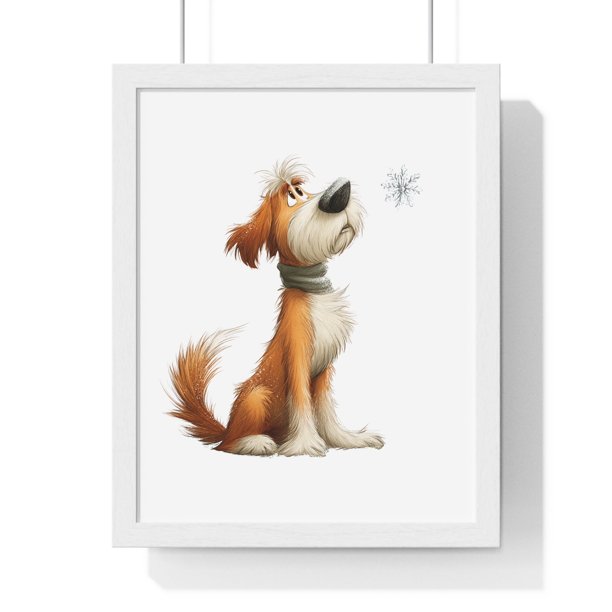 Thoughtful Dog Watching Snowflake - Framed Winter Wall Art - Gallory Hive