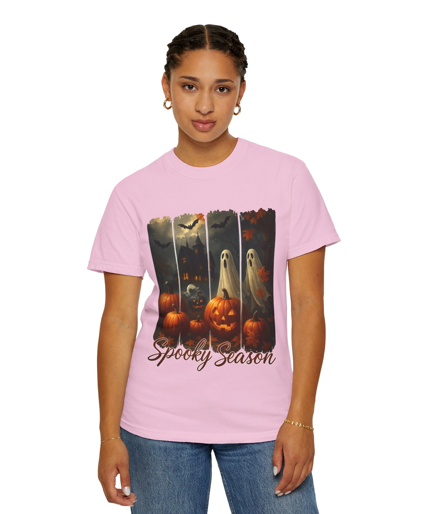 Spooky Season Unisex Halloween T-Shirt – Haunted House, Pumpkins & Ghosts Fall Design - Gallory Hive