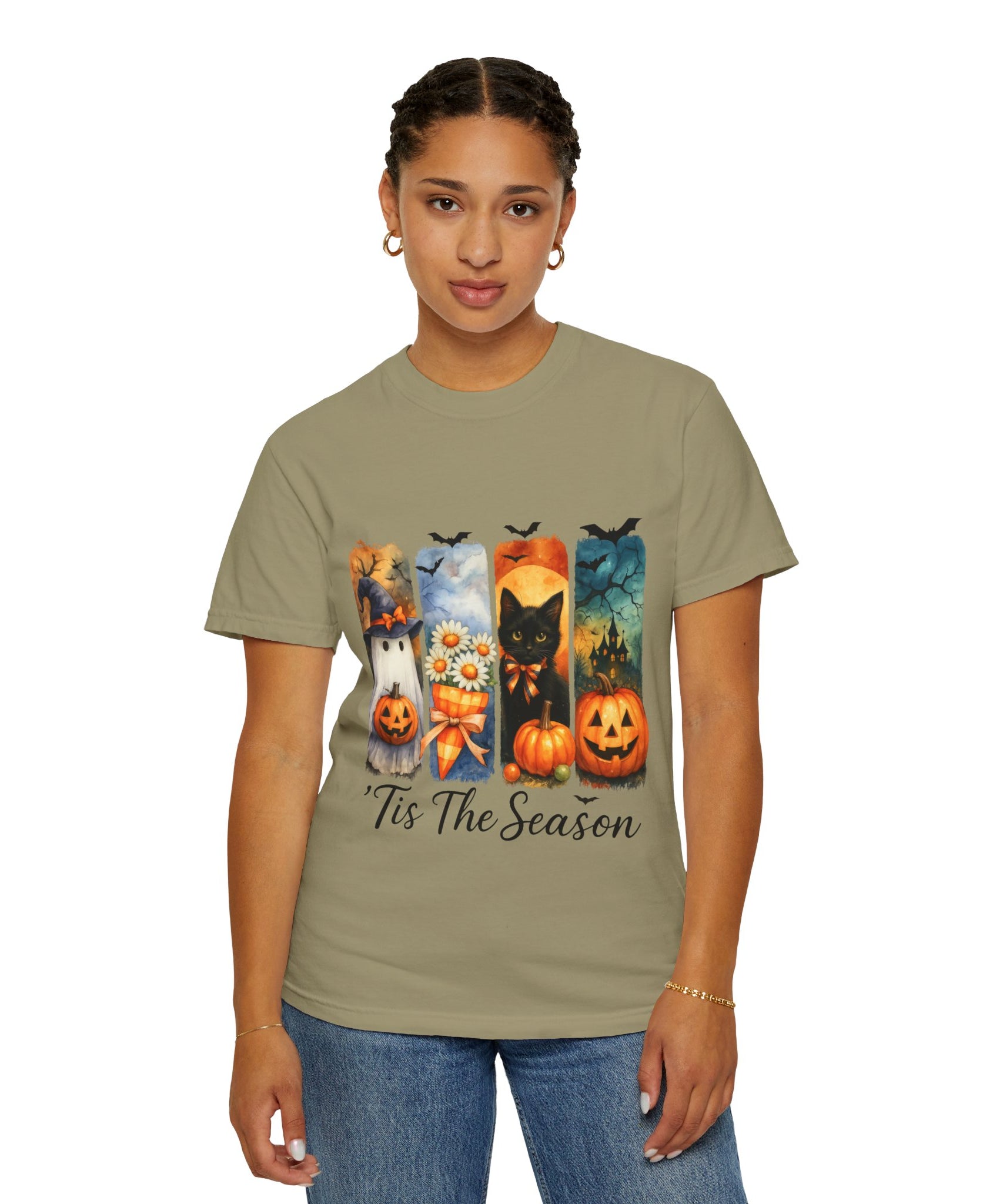Whimsical Halloween T-Shirt – Ghost, Black Cat, Pumpkins & Haunted House Design - Gallory Hive