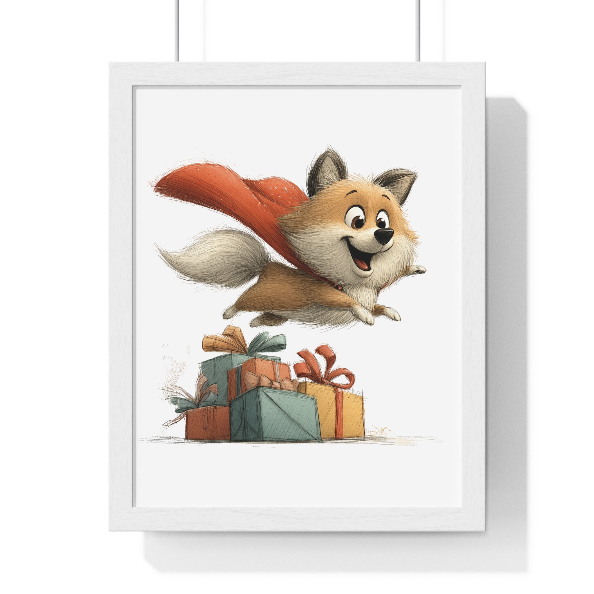 Flying Festive Dog Over Gifts – Wooden Wall Frame Holiday Decor - Gallory Hive