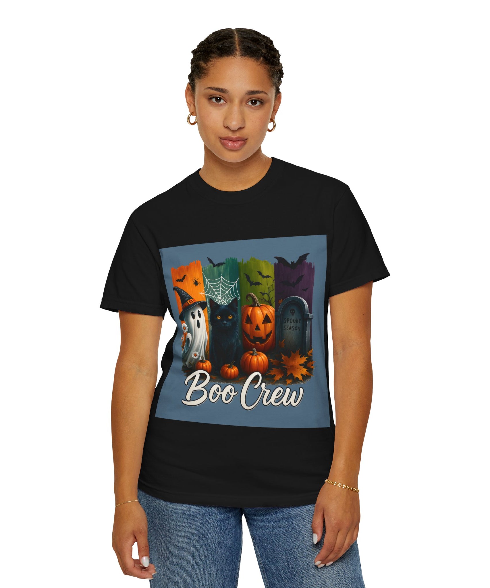 Boo Crew Halloween Unisex T-Shirt – Cute Ghost, Black Cat, Pumpkin & Tombstone Design - Gallory Hive