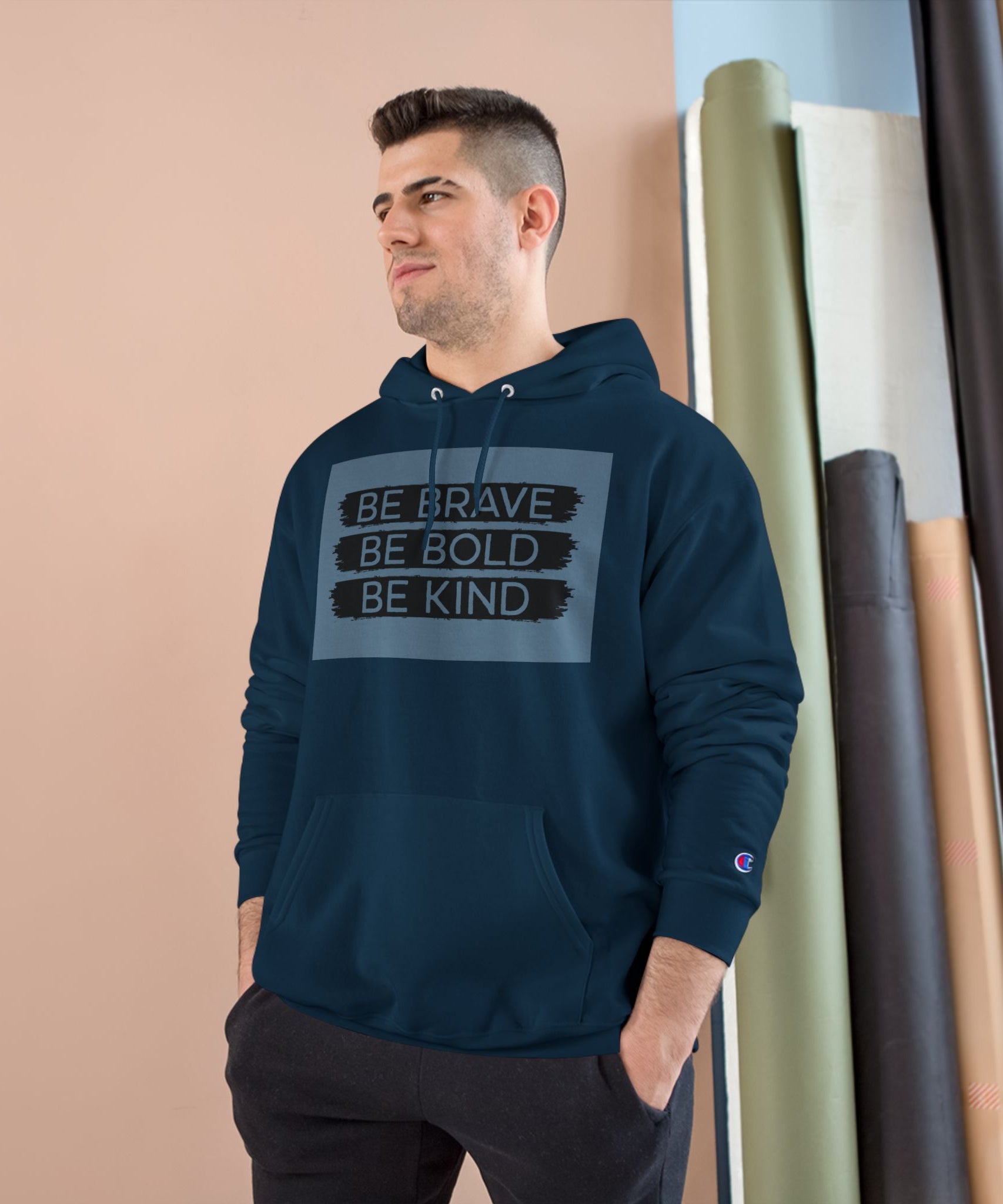 Champion Hoodie - Bold, Brave, Kind Minimalist Hand Sign Print