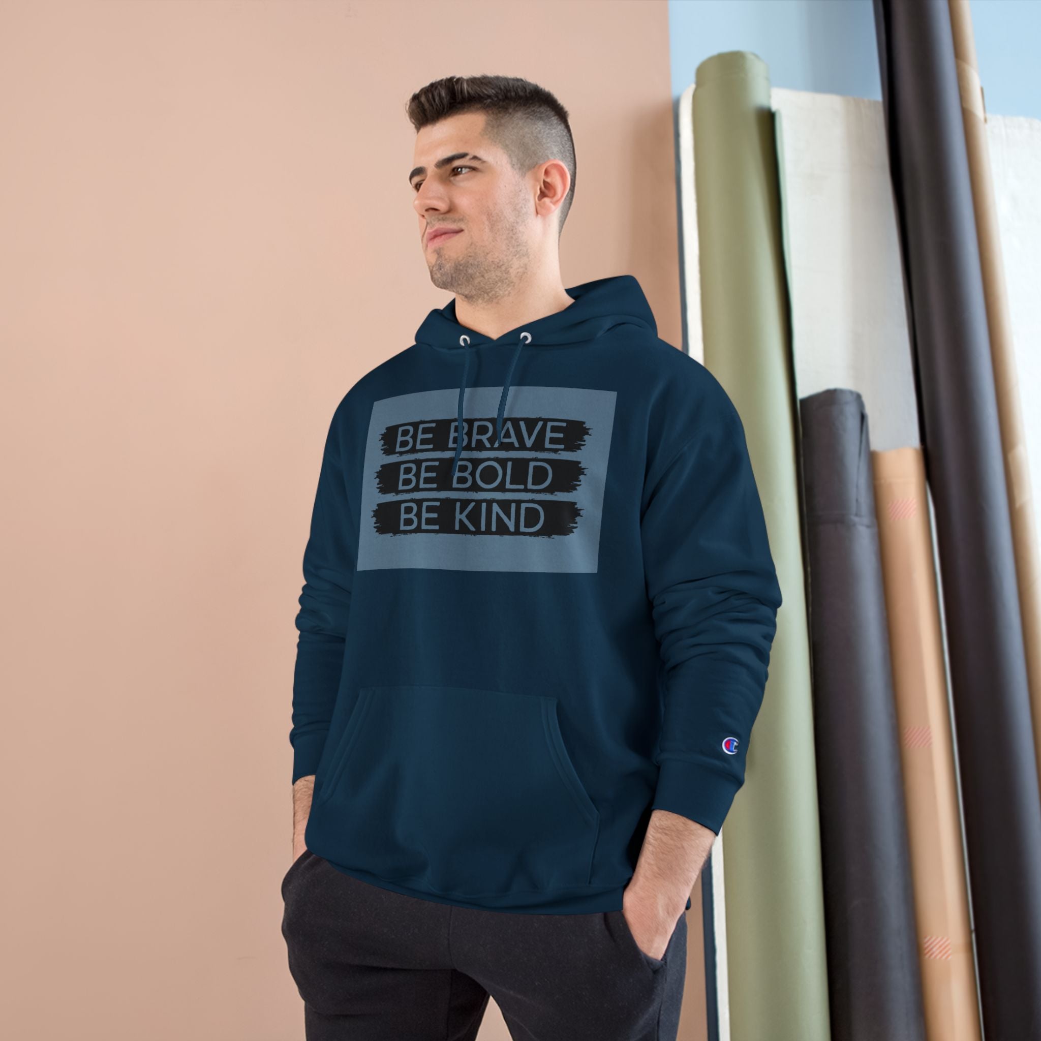 Champion Hoodie - Bold, Brave, Kind Minimalist Hand Sign Print