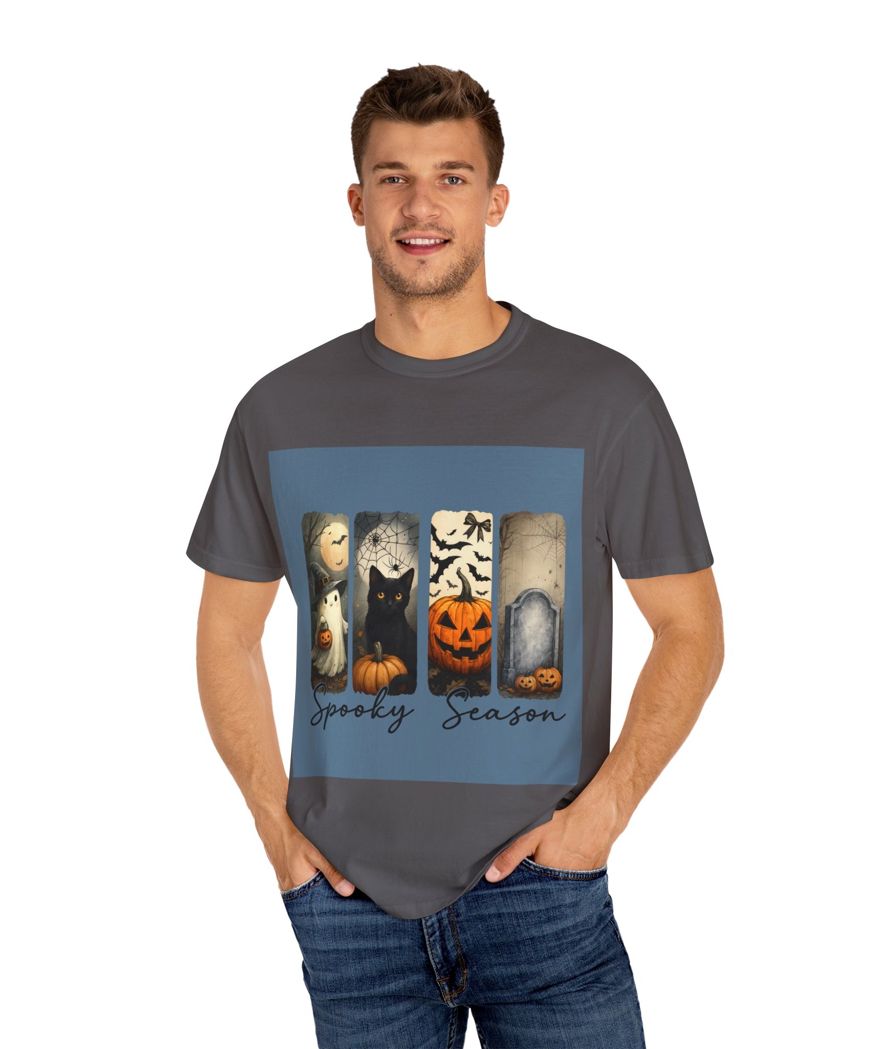 Halloween Night Unisex T-Shirt – Ghost, Black Cat, Pumpkin & Tombstone Vintage Art - Gallory Hive