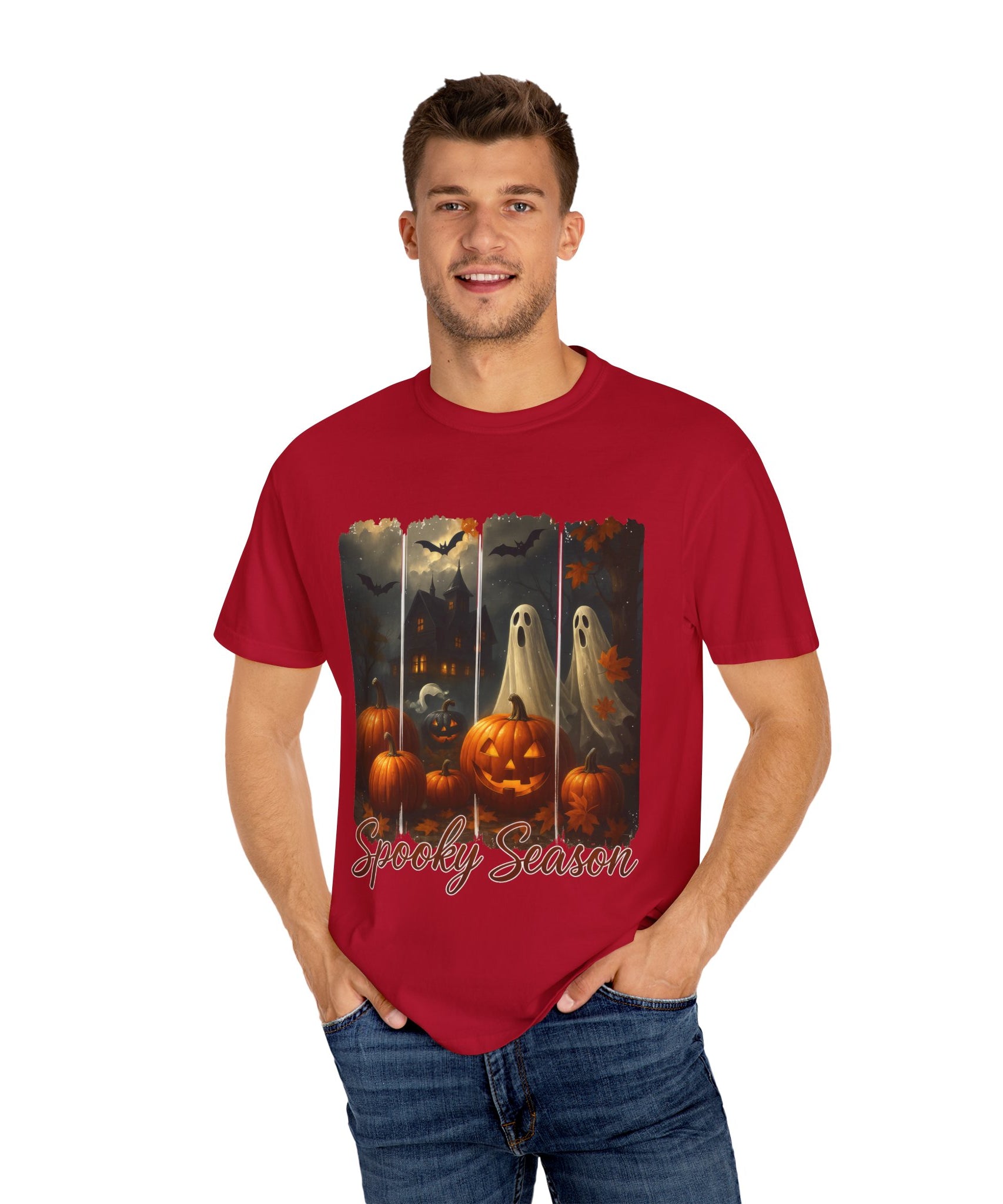 Spooky Season Unisex Halloween T-Shirt – Haunted House, Pumpkins & Ghosts Fall Design - Gallory Hive