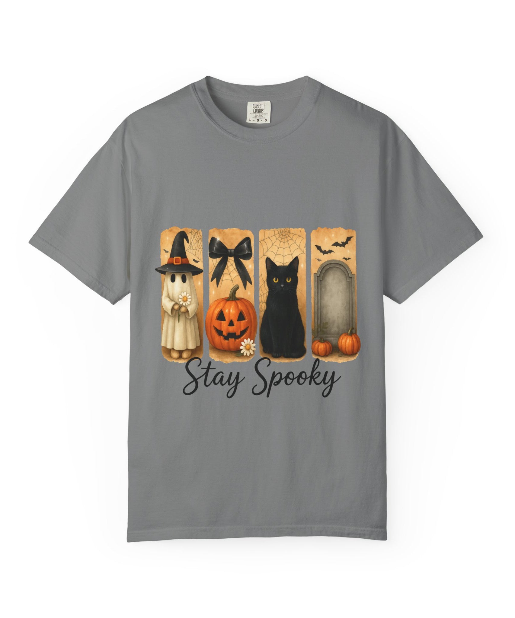 Cute Halloween T-Shirt – Ghost in Witch Hat, Pumpkin, Black Cat & Tombstone Design - Gallory Hive