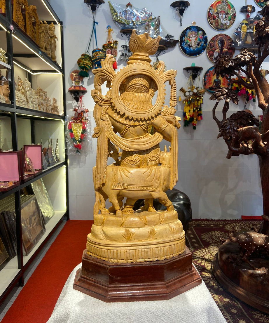 Handmade Standing Krishna with Cow Wooden Sculpture | Gallory Hive