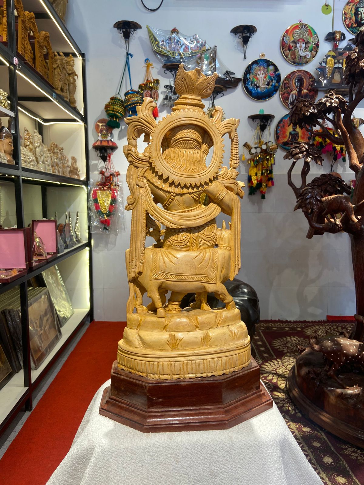Handmade Standing Krishna with Cow Wooden Sculpture | Gallory Hive