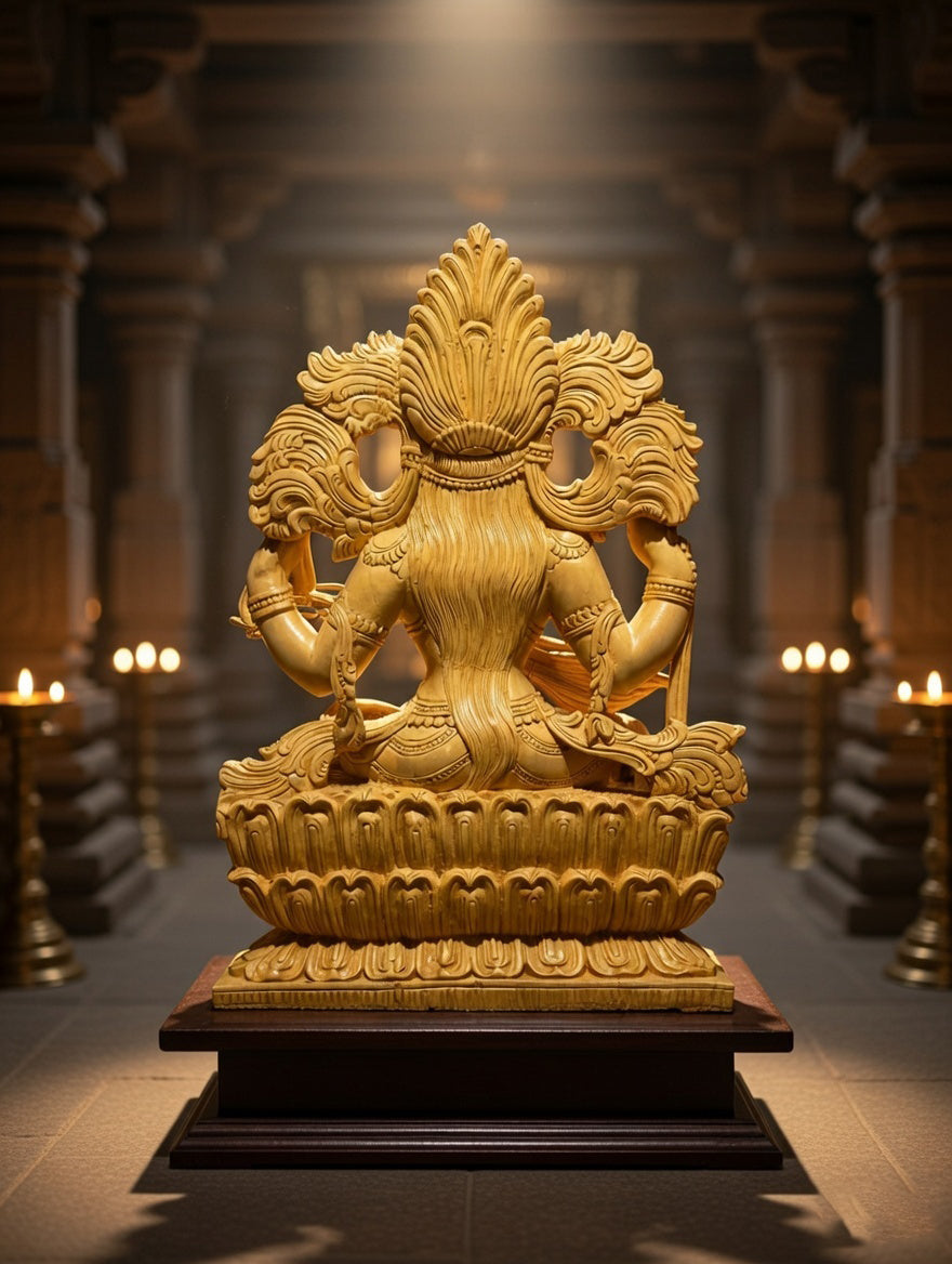 Handmade Sitting Saraswati Wooden Sculpture | Gallory Hive
