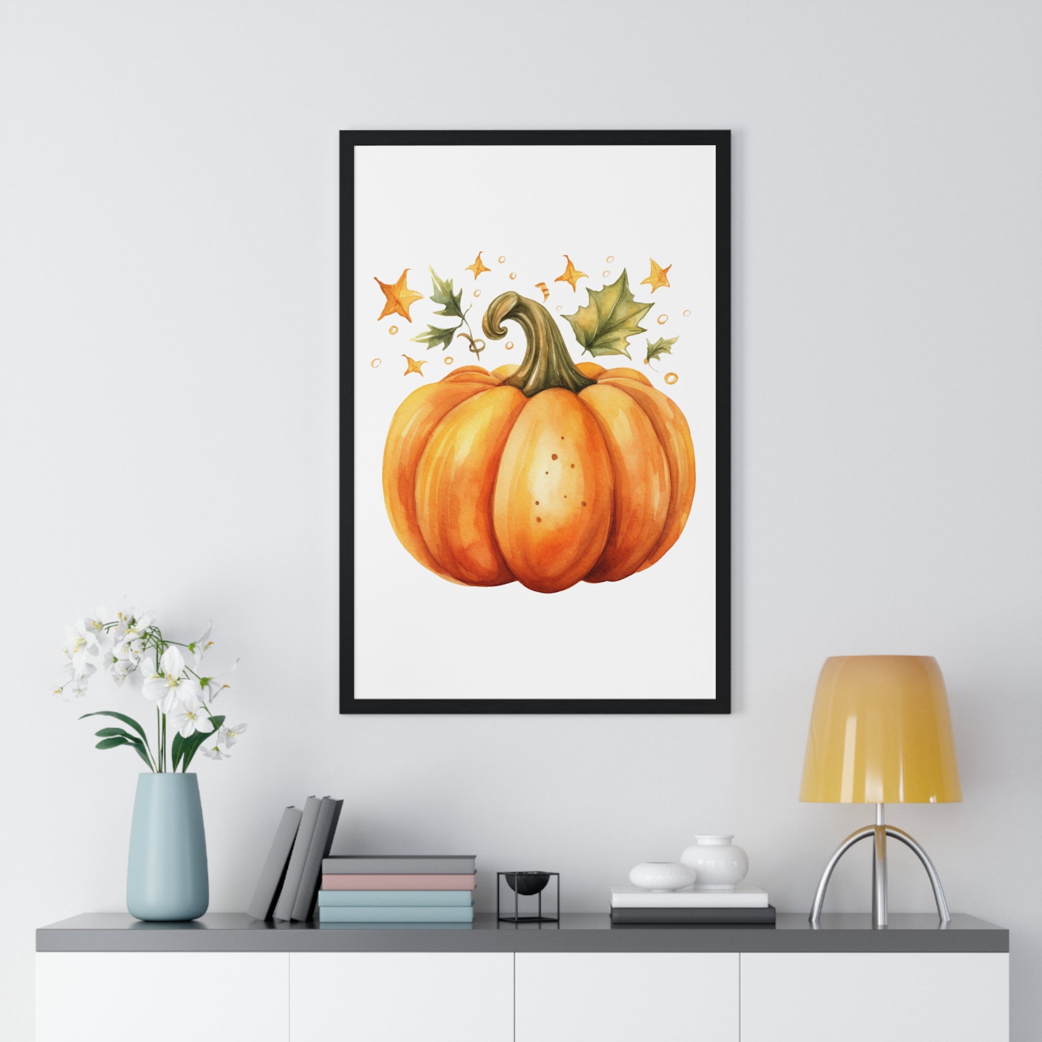 Watercolor Pumpkin Wall Art – Whimsical Fall Harvest Poster with Leaves & Stars | Wooden Frame Seasonal Decor
