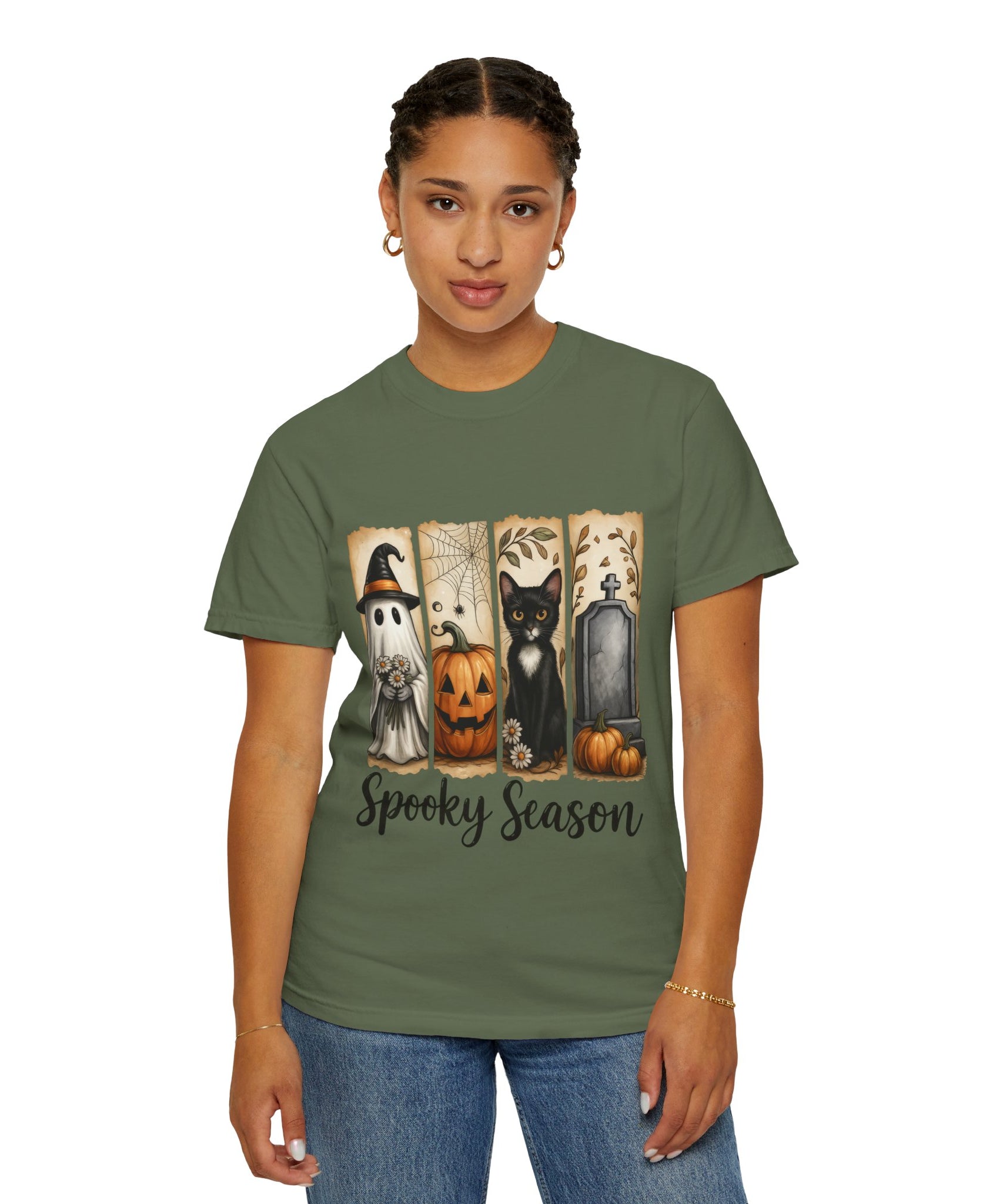 Spooky Season Halloween Unisex T-Shirt – Ghost, Cat & Pumpkin Design - Gallory Hive