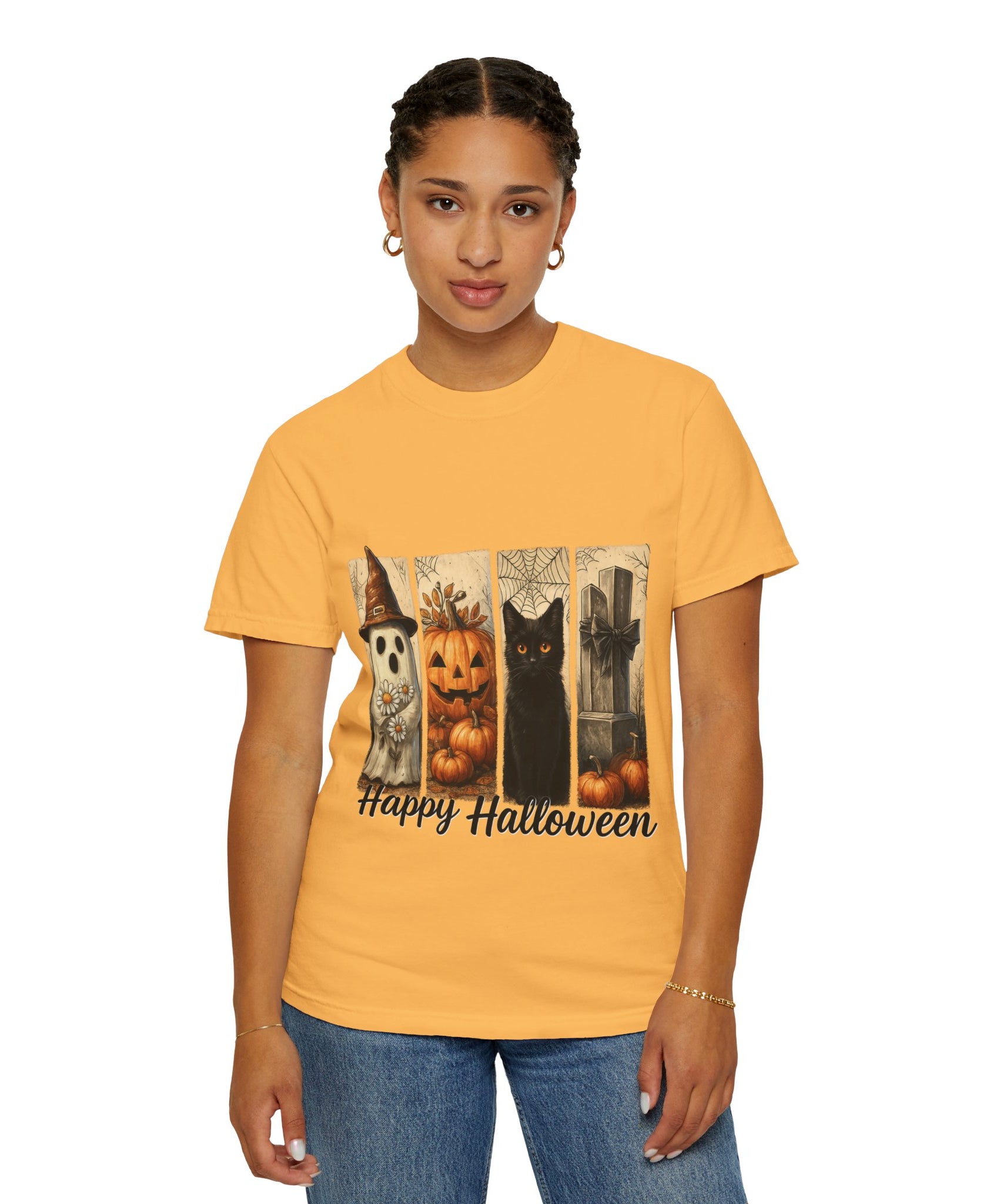 Happy Halloween Unisex T-Shirt – Ghost, Black Cat & Pumpkin Graphic Tee - Gallory Hive