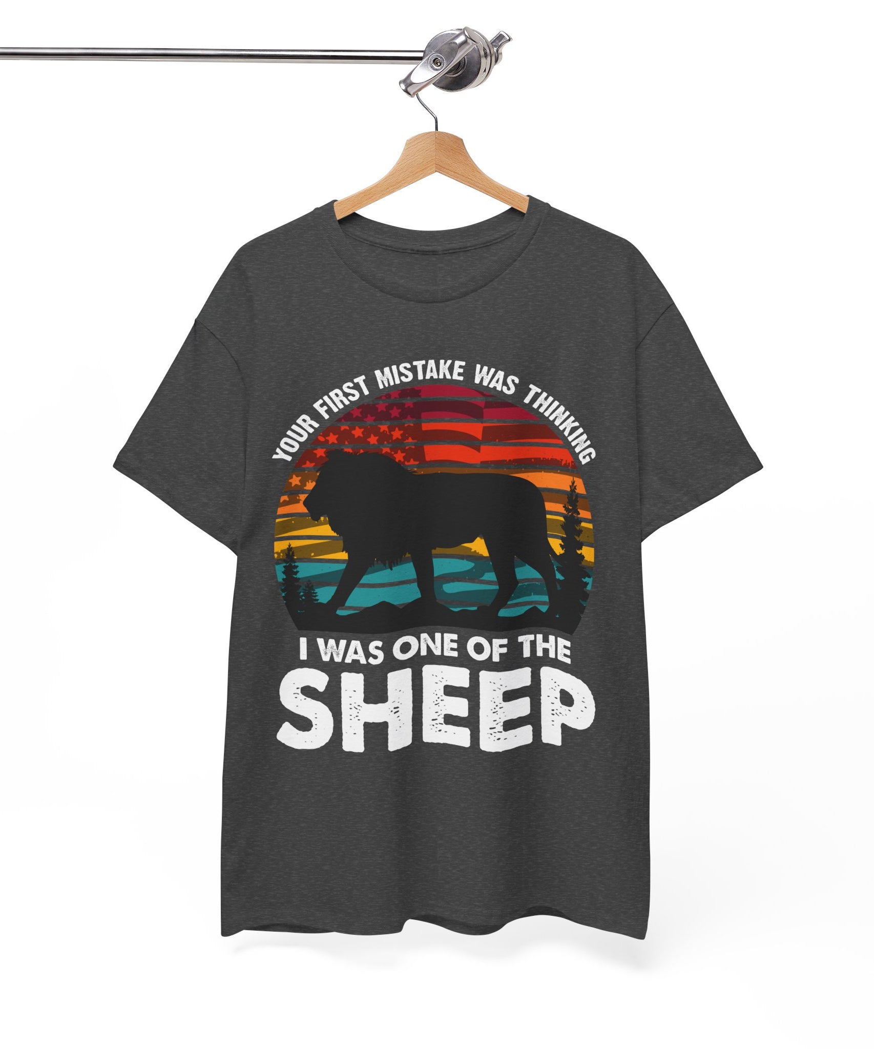 Bold Lion Tee with USA Flag Sunset