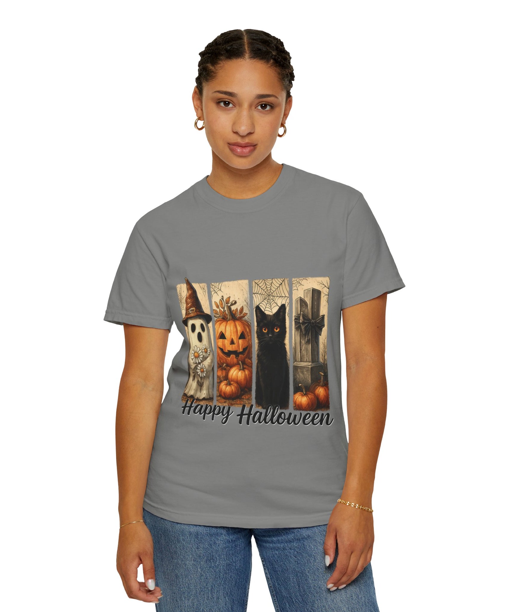 Happy Halloween Unisex T-Shirt – Ghost, Black Cat & Pumpkin Graphic Tee - Gallory Hive