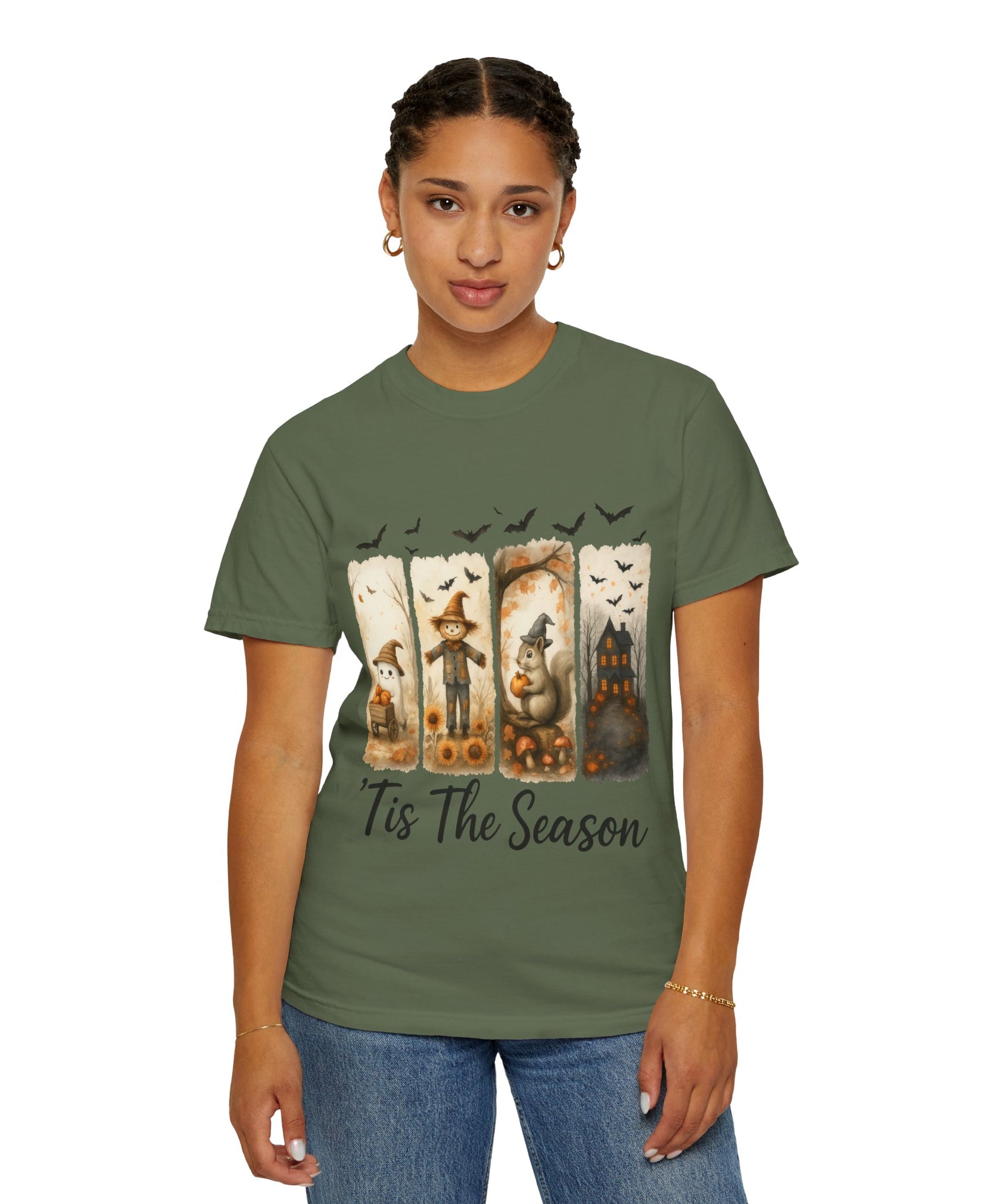 Tis The Season Fall Halloween T-Shirt – Cute Ghost, Scarecrow, Squirrel & Haunted House Design - Gallory Hive