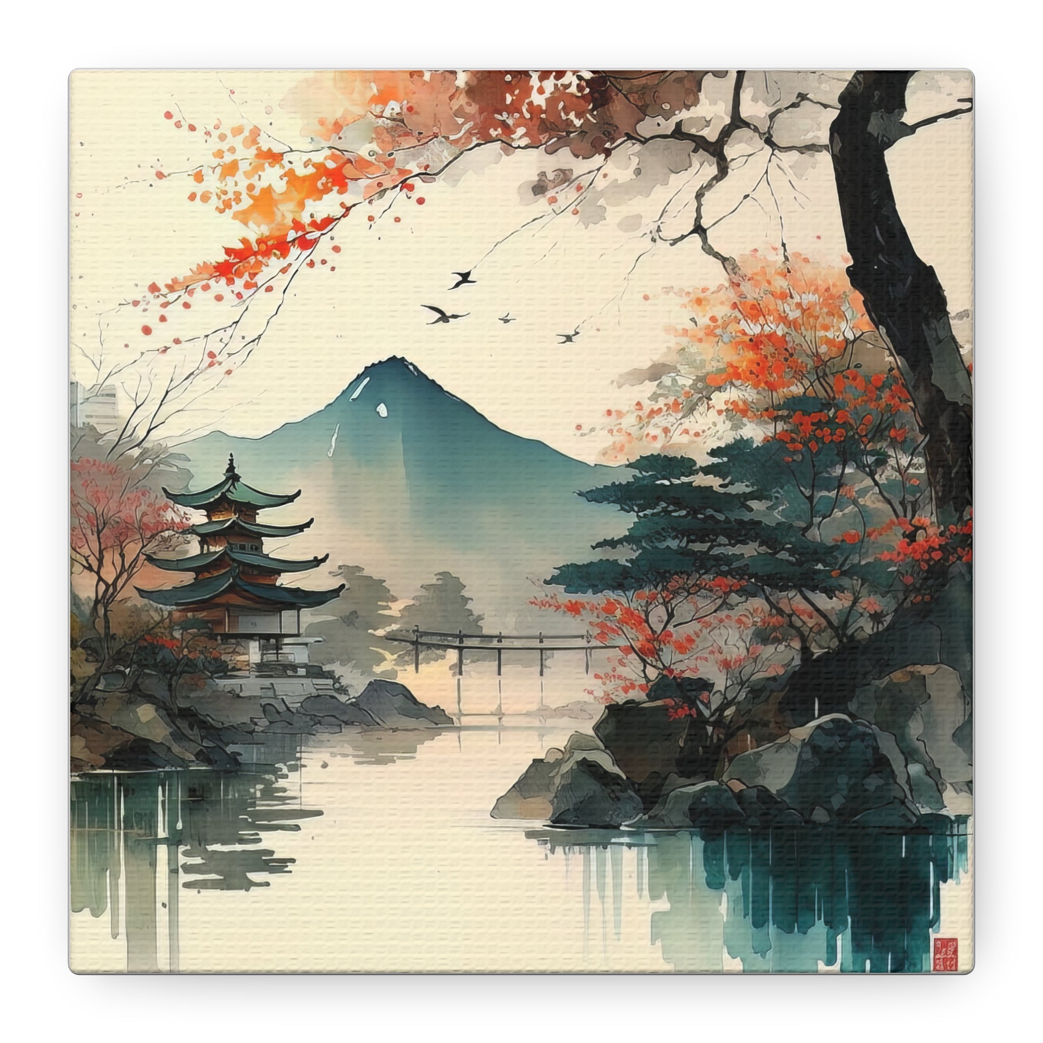 Watercolor Japanese Landscape Wall Art, Serene Autumn Pagoda & Mountain Scene, Floral Canvas Print, Asian-Inspired Home Decor