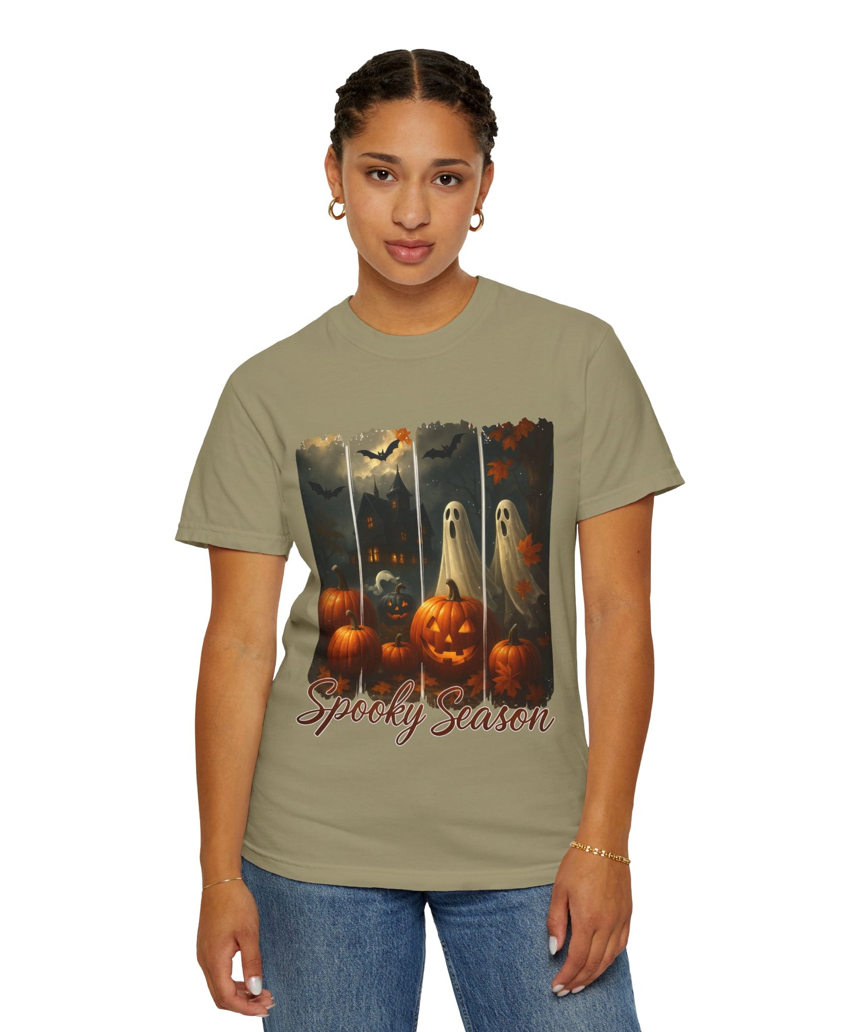 Spooky Season Unisex Halloween T-Shirt – Haunted House, Pumpkins & Ghosts Fall Design - Gallory Hive