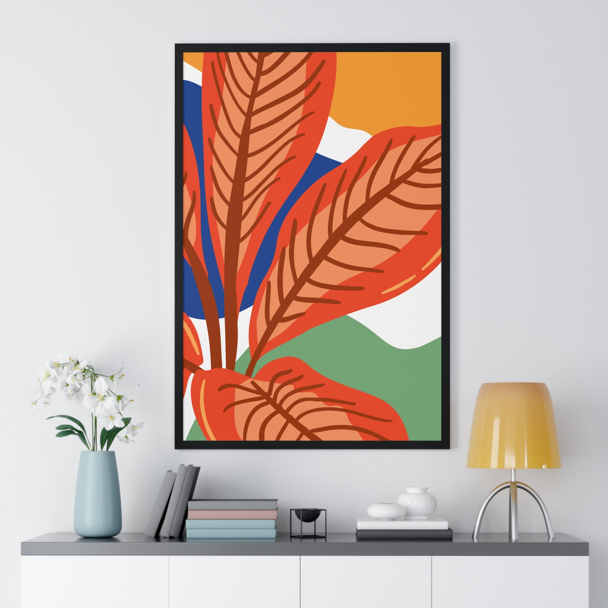 Vibrant Red Leaf Abstract Art in Premium Wooden Frame