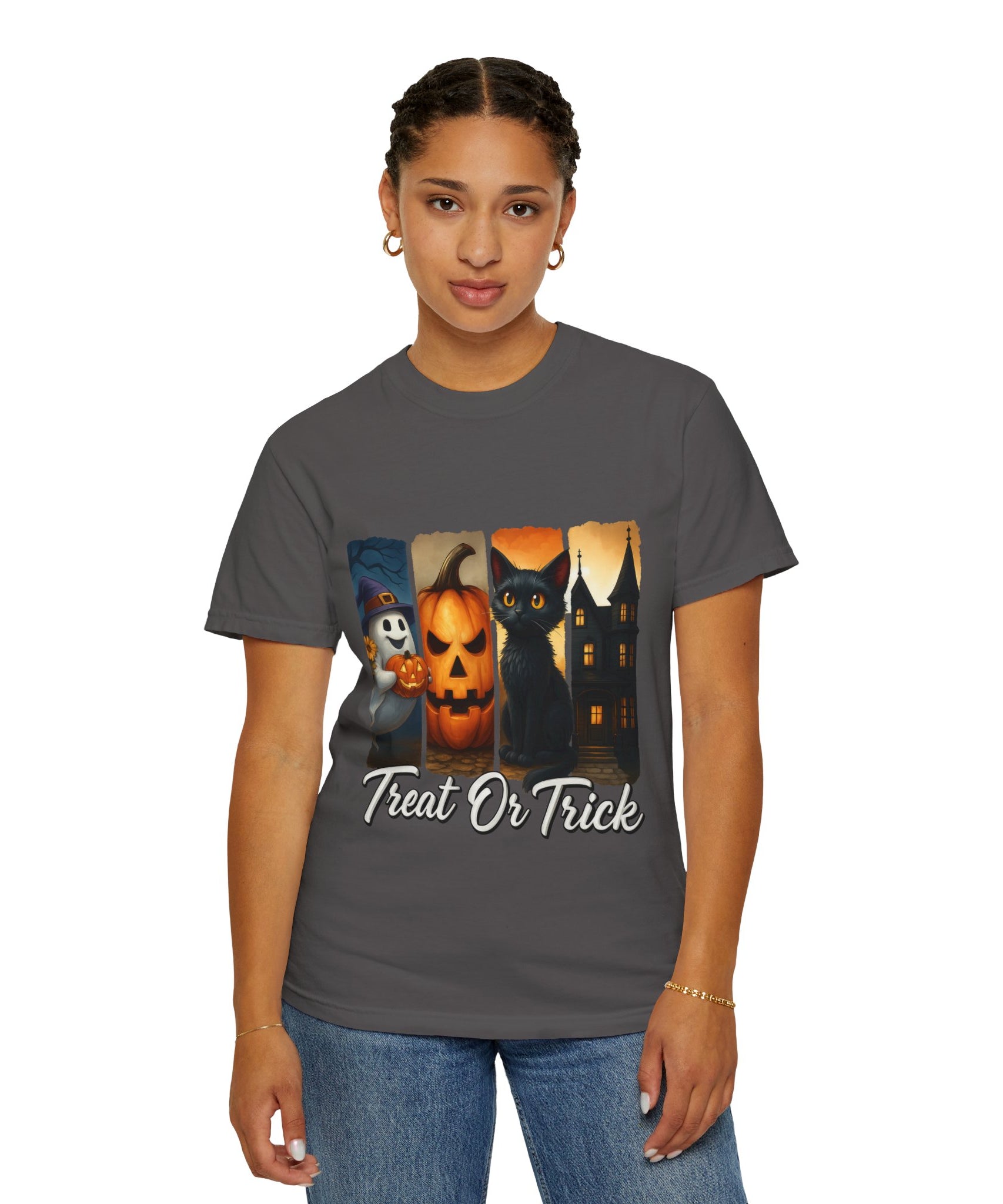 Treat Or Trick Halloween T-Shirt – Cute Ghost, Pumpkin, Black Cat & Haunted House Design - Gallory Hive