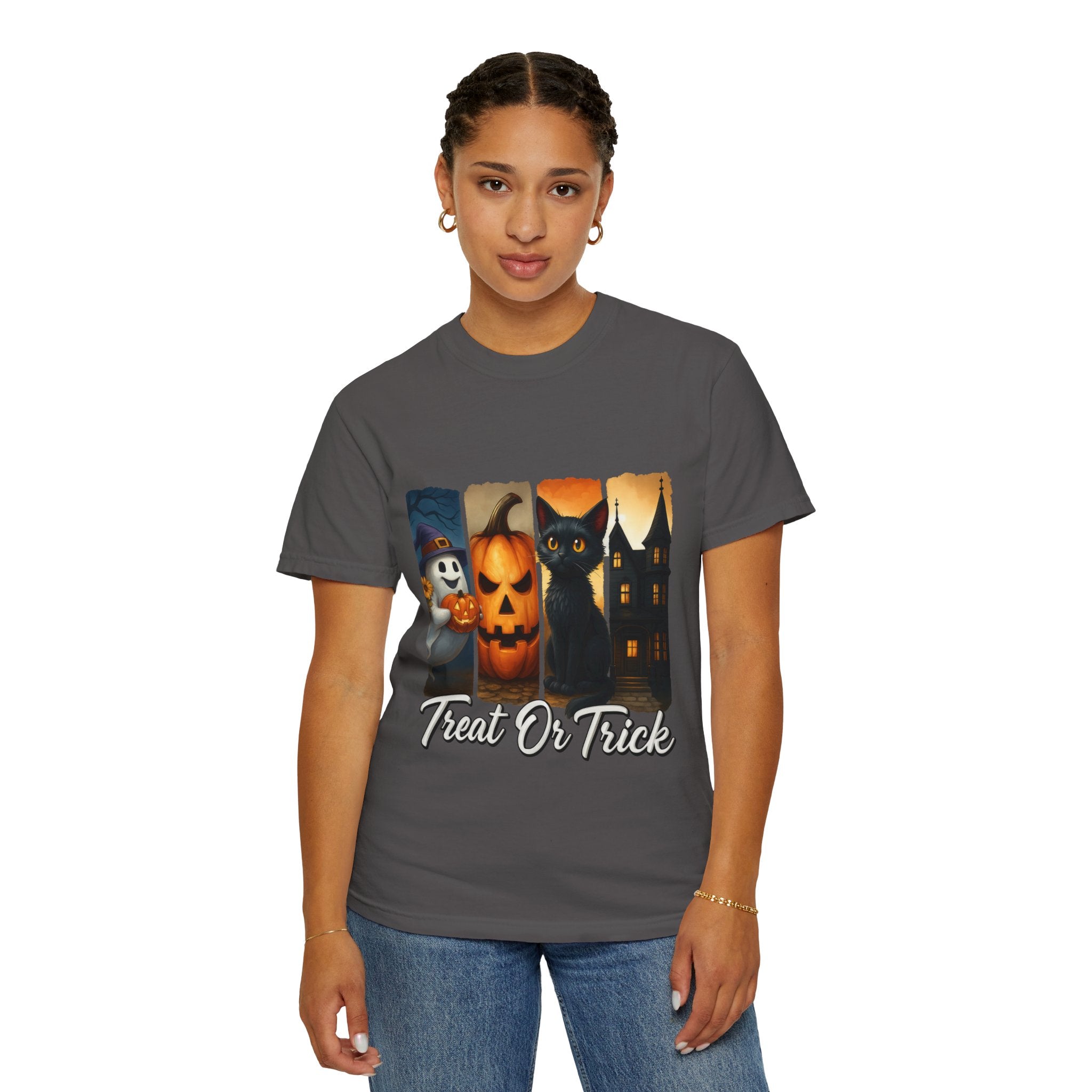 Treat Or Trick Halloween T-Shirt – Cute Ghost, Pumpkin, Black Cat & Haunted House Design - Gallory Hive