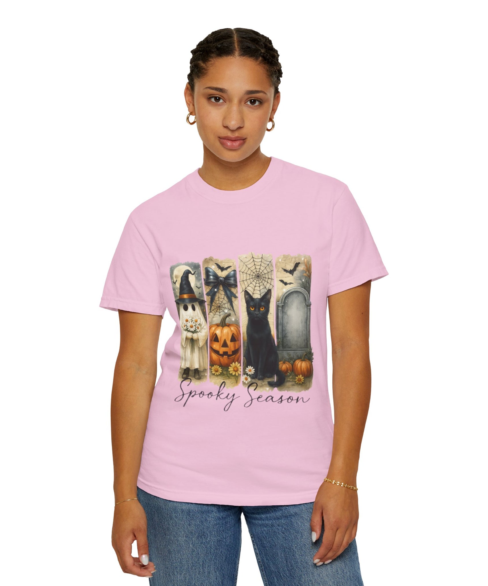 Spooky Season Halloween Unisex T-Shirt – Ghost, Black Cat & Pumpkin Design - Gallory Hive