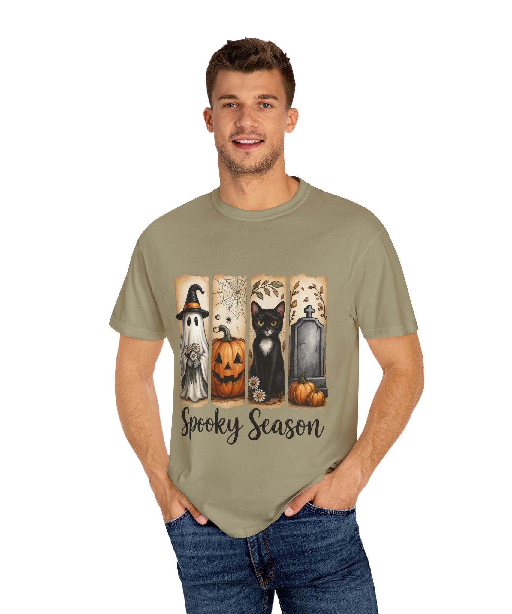 Spooky Season Halloween Unisex T-Shirt – Ghost, Cat & Pumpkin Design - Gallory Hive