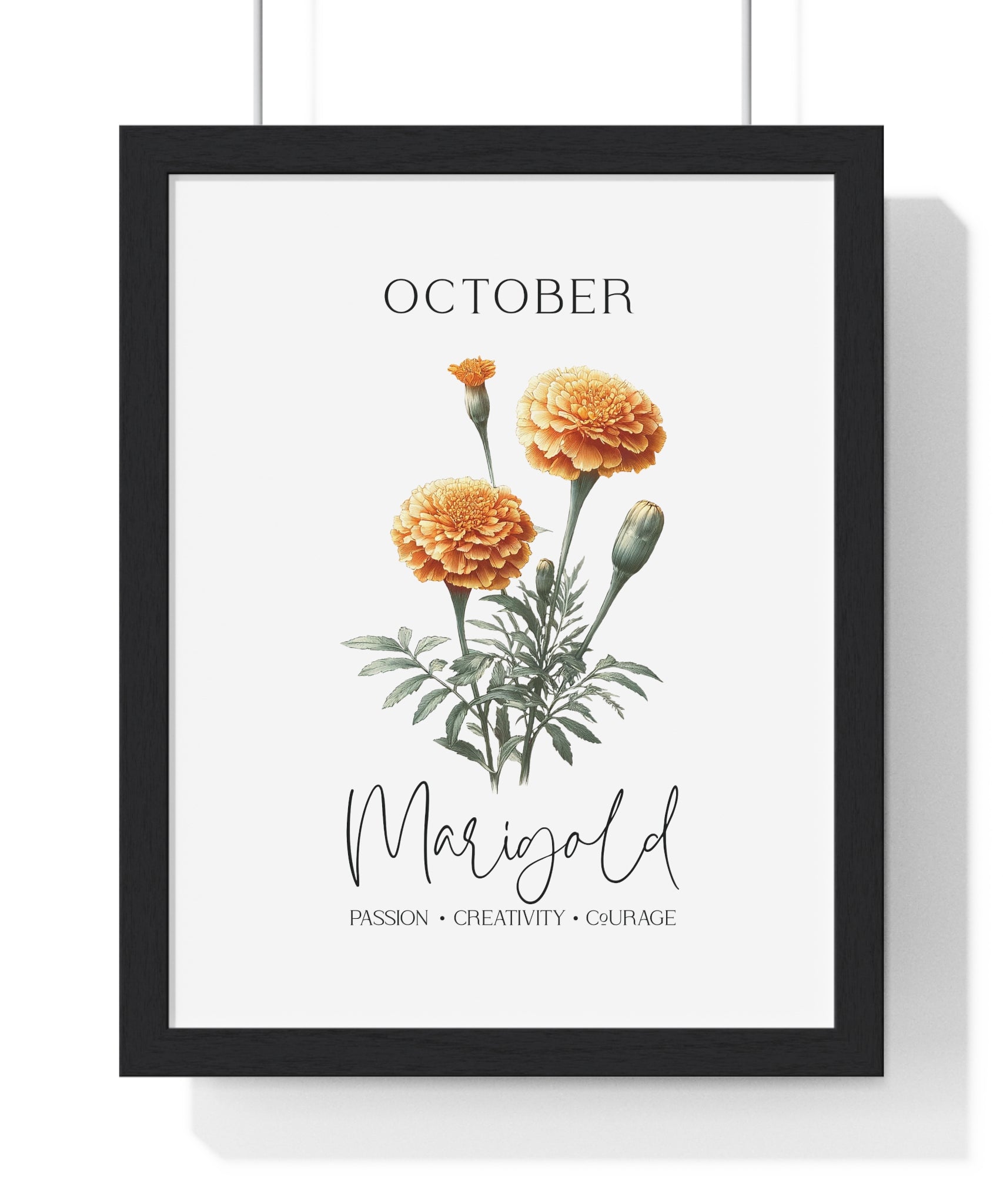 October Birth Month Flower Wall Art – Marigold Illustration in Wooden Frame | Passion, Creativity & Courage
