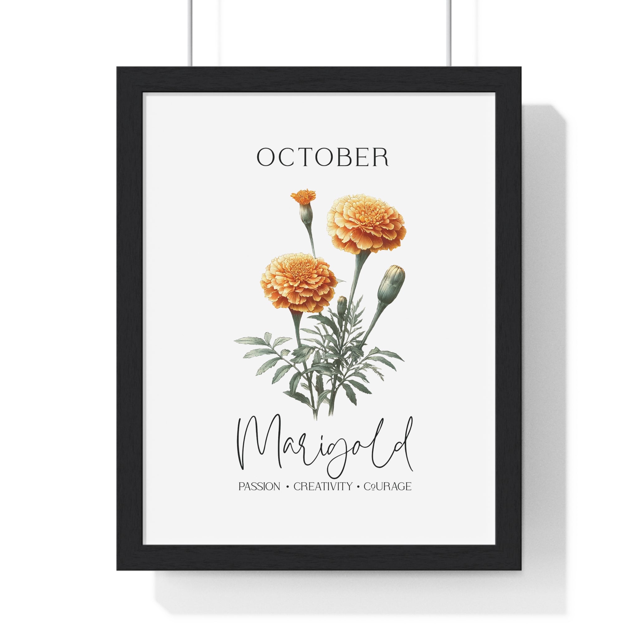 October Birth Month Flower Wall Art – Marigold Illustration in Wooden Frame | Passion, Creativity & Courage