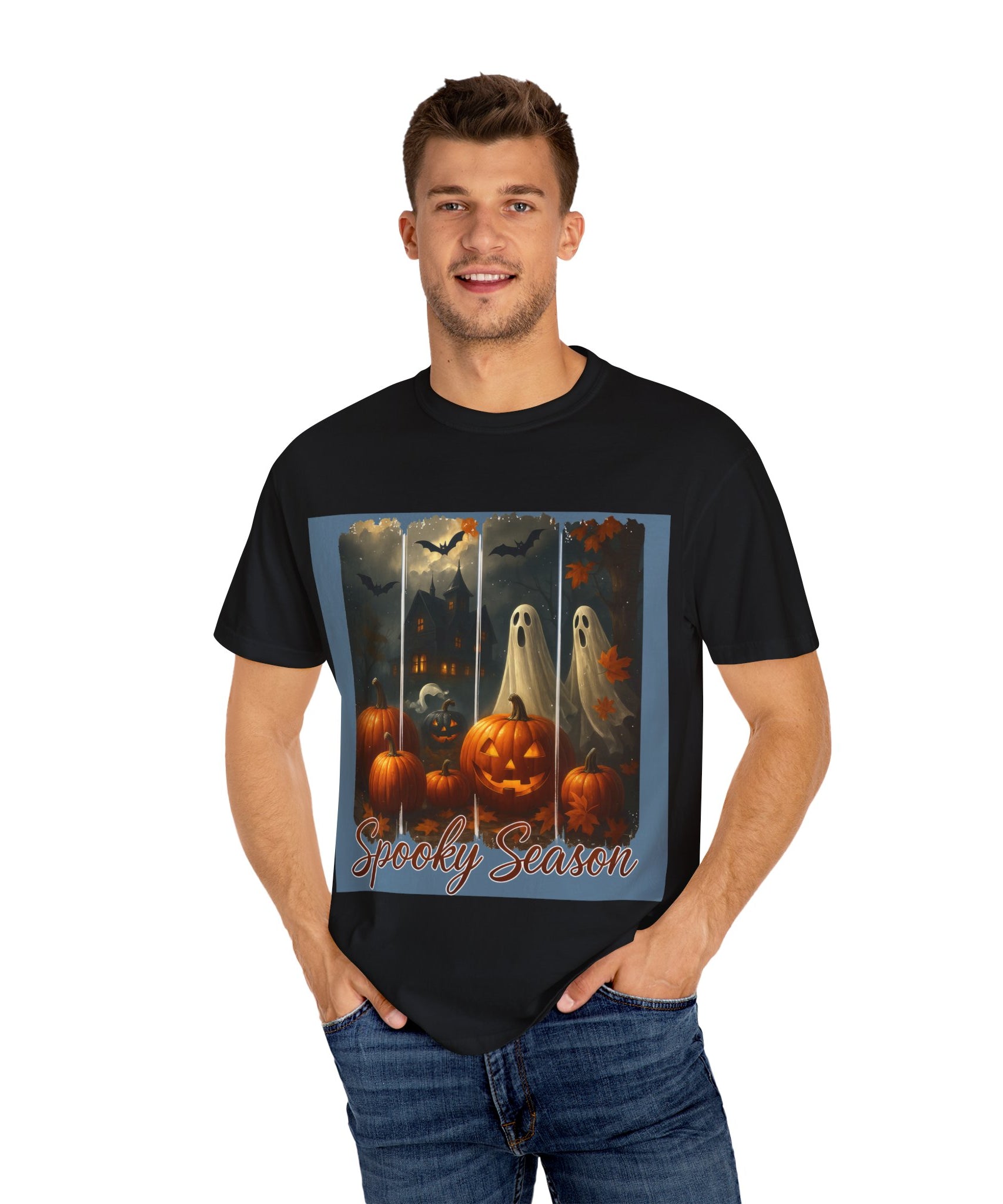 Spooky Season Unisex Halloween T-Shirt – Haunted House, Pumpkins & Ghosts Fall Design - Gallory Hive