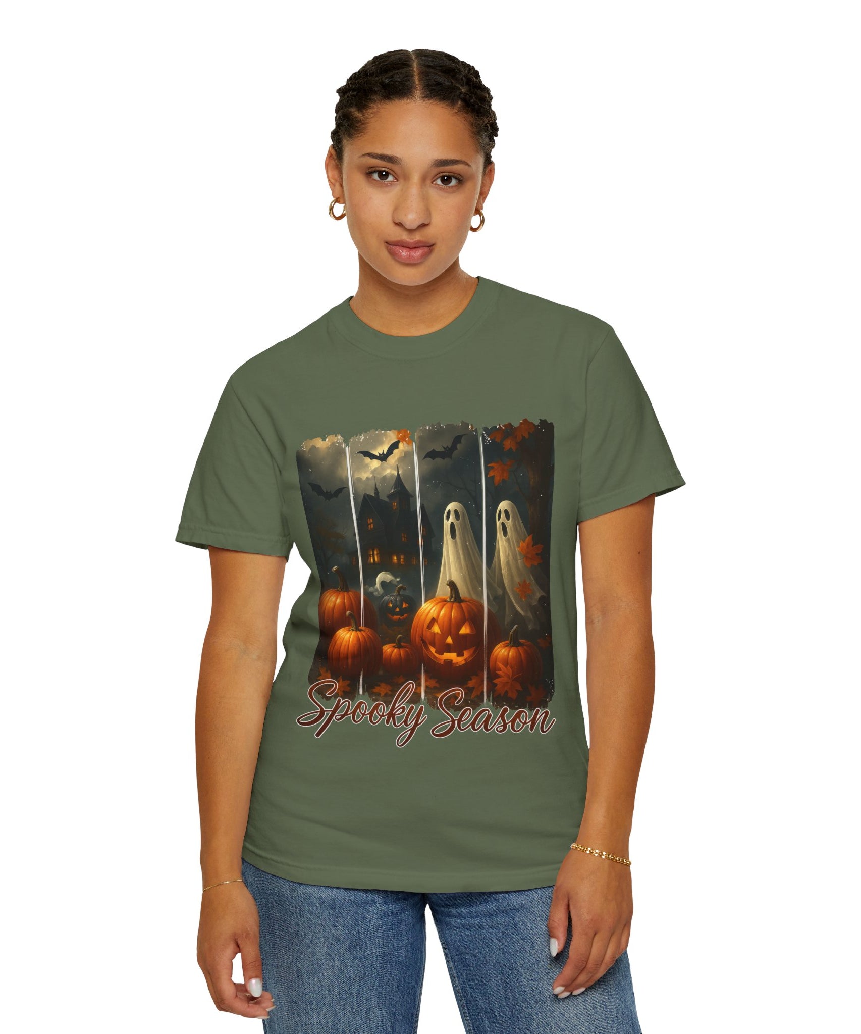 Spooky Season Unisex Halloween T-Shirt – Haunted House, Pumpkins & Ghosts Fall Design - Gallory Hive