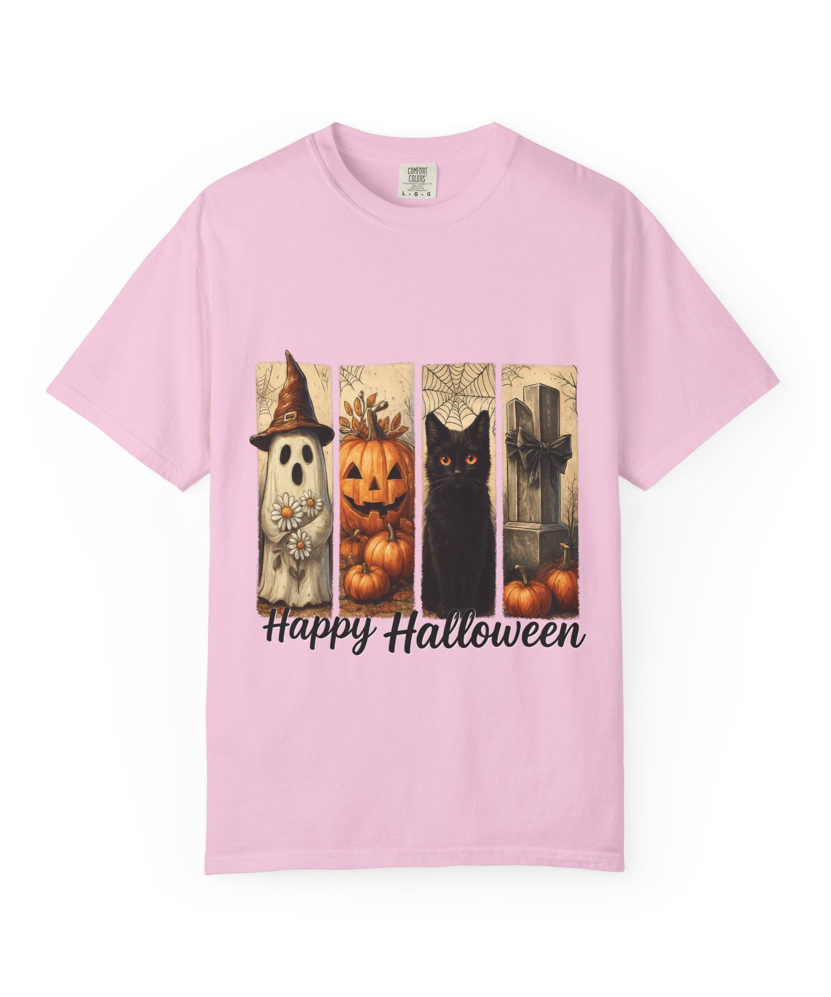Happy Halloween Unisex T-Shirt – Ghost, Black Cat & Pumpkin Graphic Tee - Gallory Hive