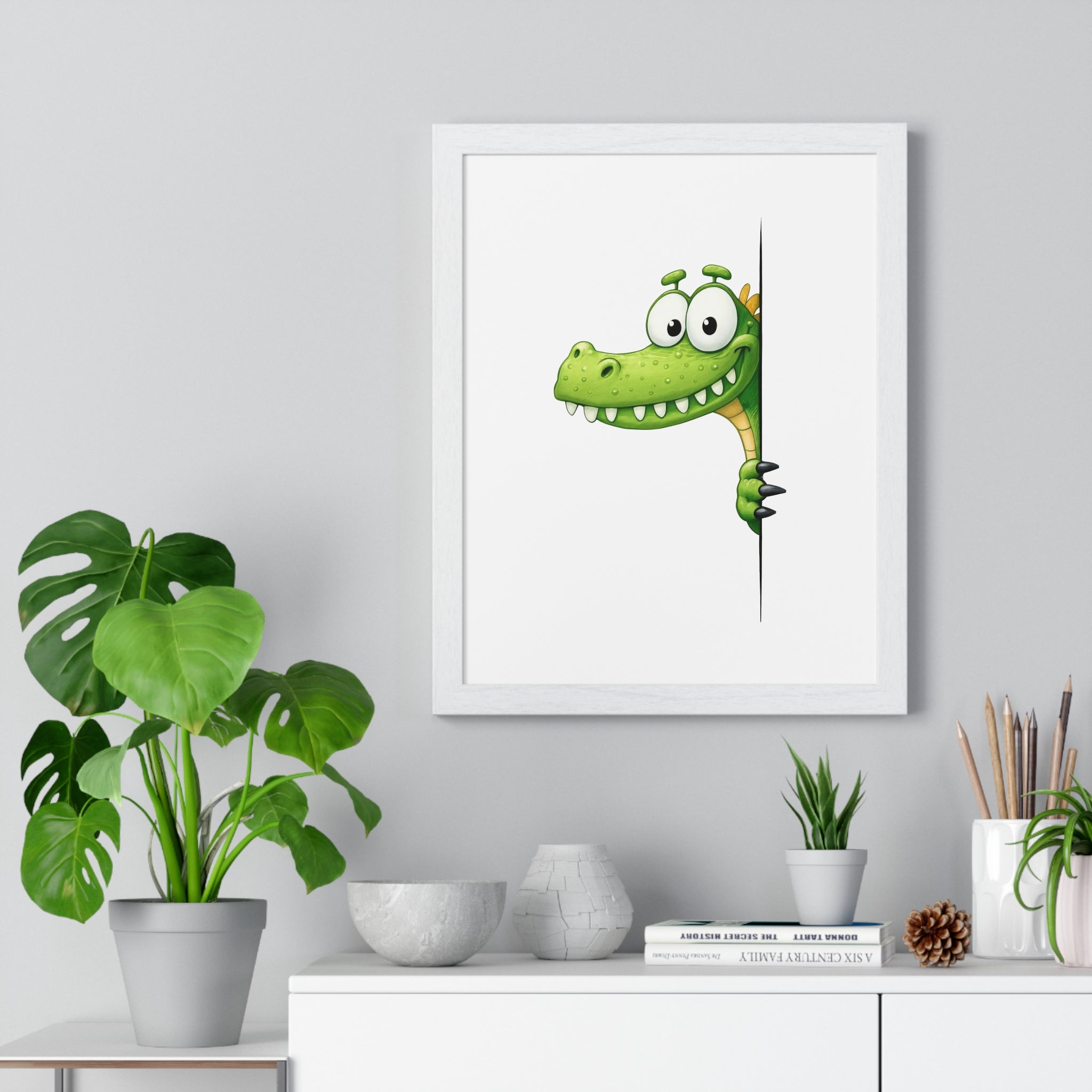 Smiling Crocodile Peekaboo Wall Art – Framed Wooden Decor for Kids' Spaces