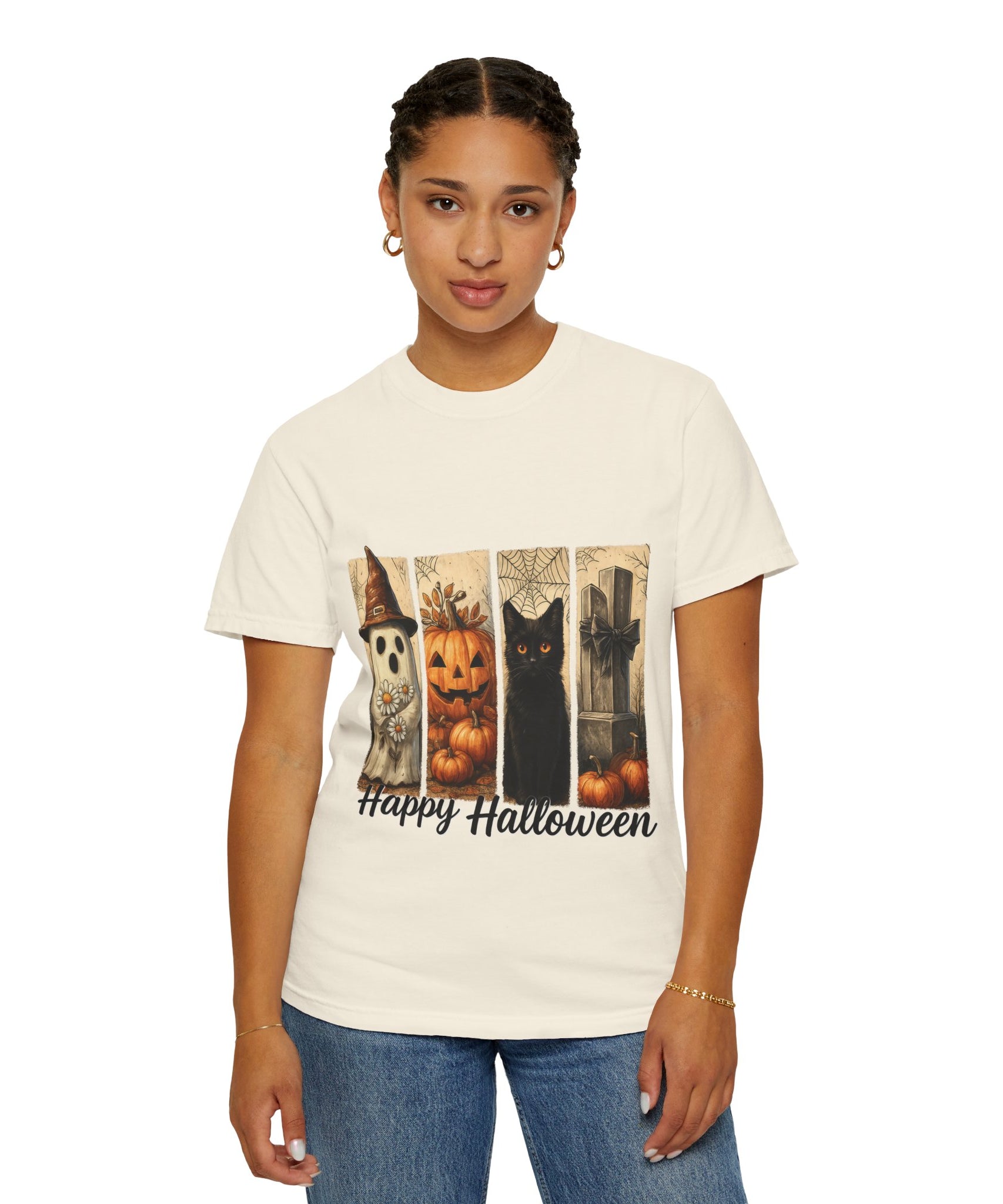 Happy Halloween Unisex T-Shirt – Ghost, Black Cat & Pumpkin Graphic Tee - Gallory Hive
