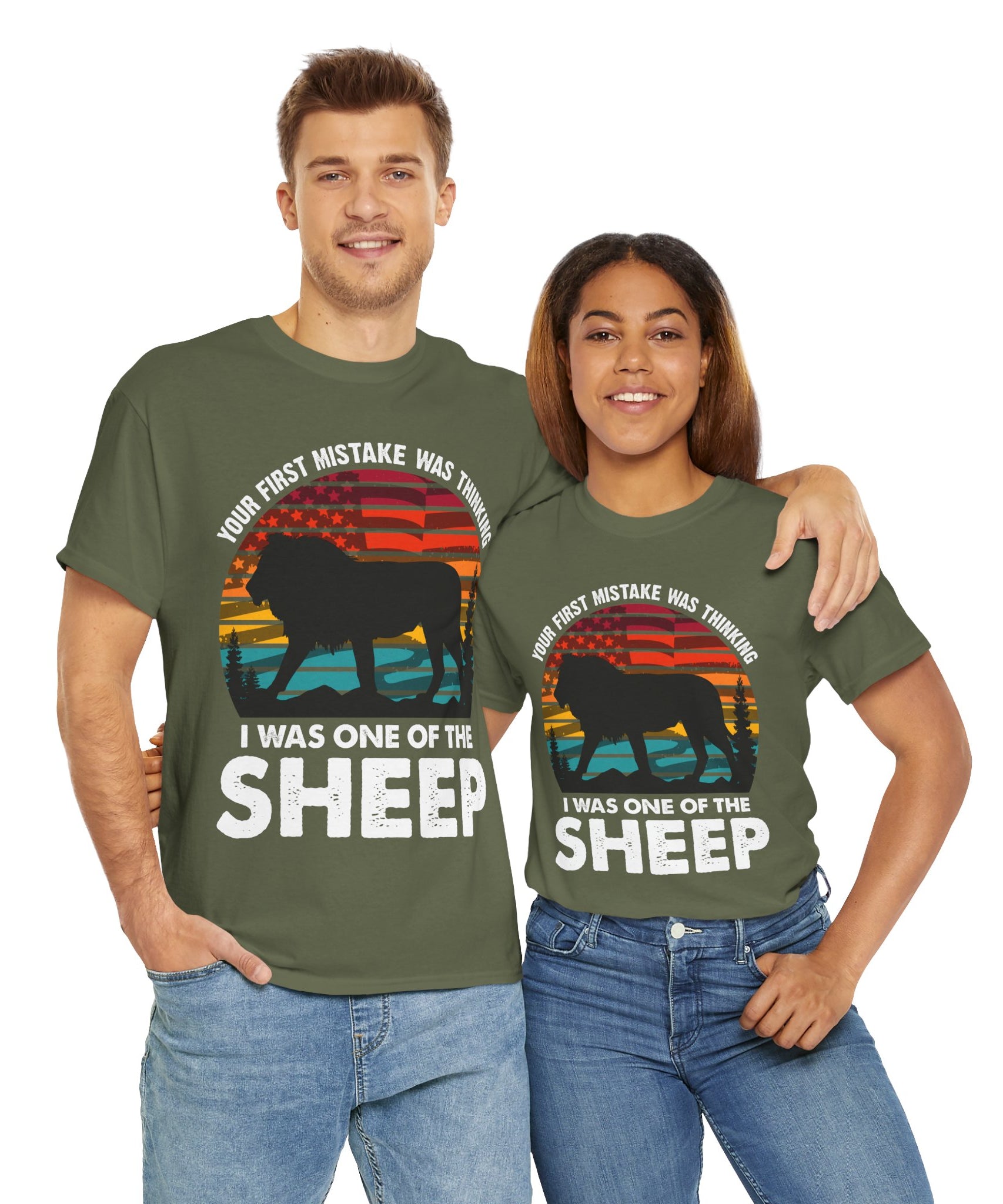 Bold Lion Tee with USA Flag Sunset