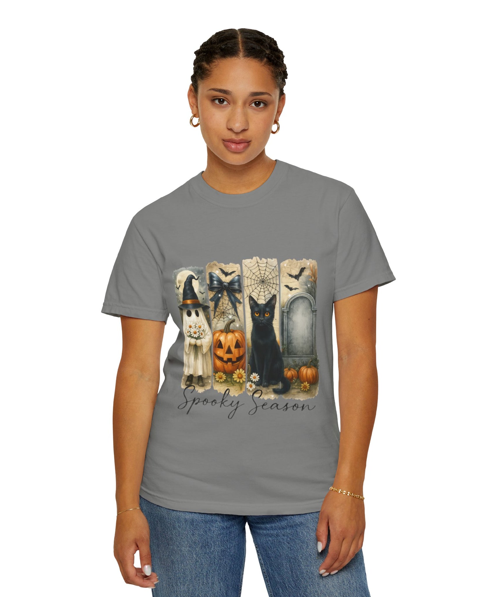 Spooky Season Halloween Unisex T-Shirt – Ghost, Black Cat & Pumpkin Design - Gallory Hive