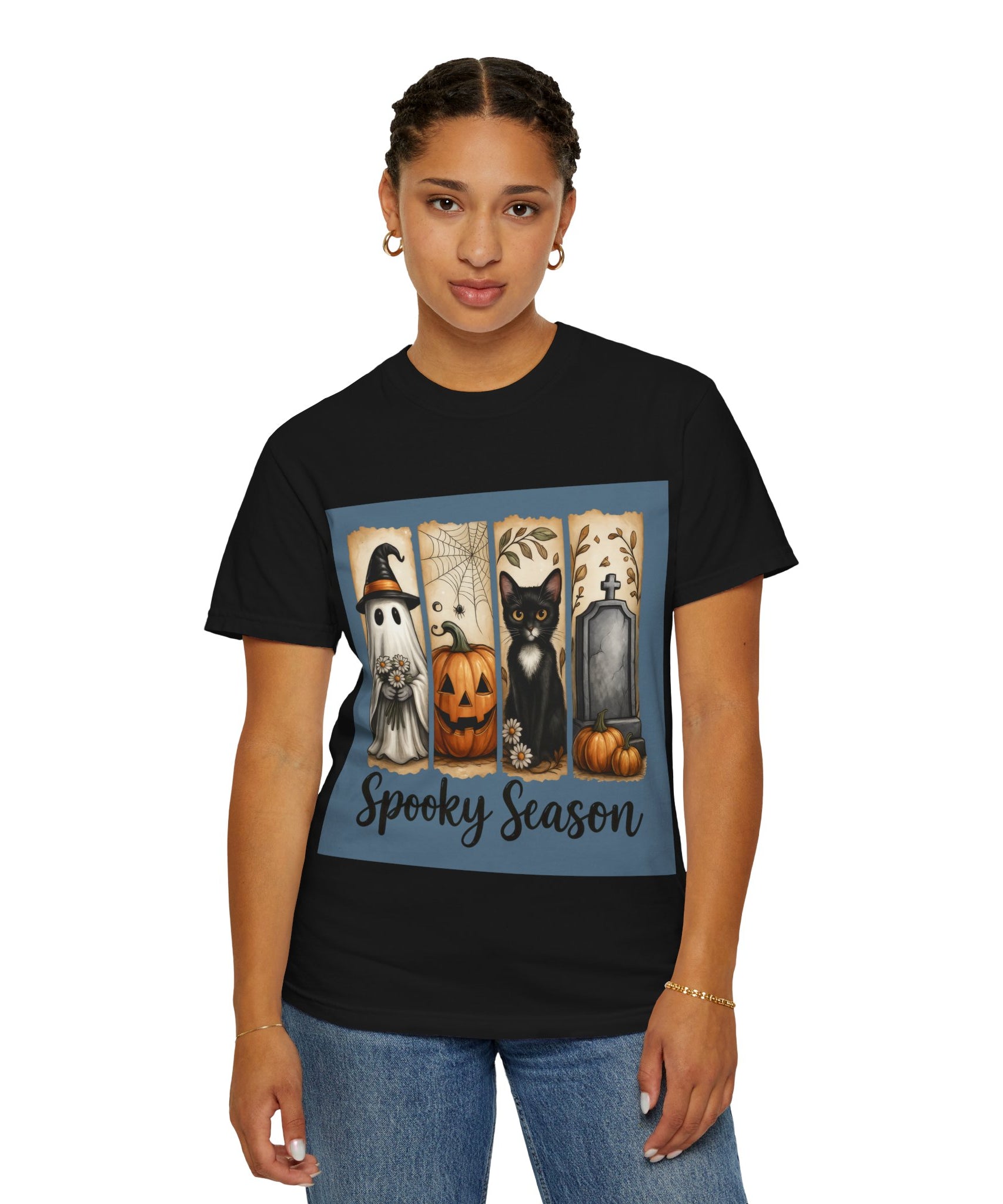 Spooky Season Halloween Unisex T-Shirt – Ghost, Cat & Pumpkin Design - Gallory Hive