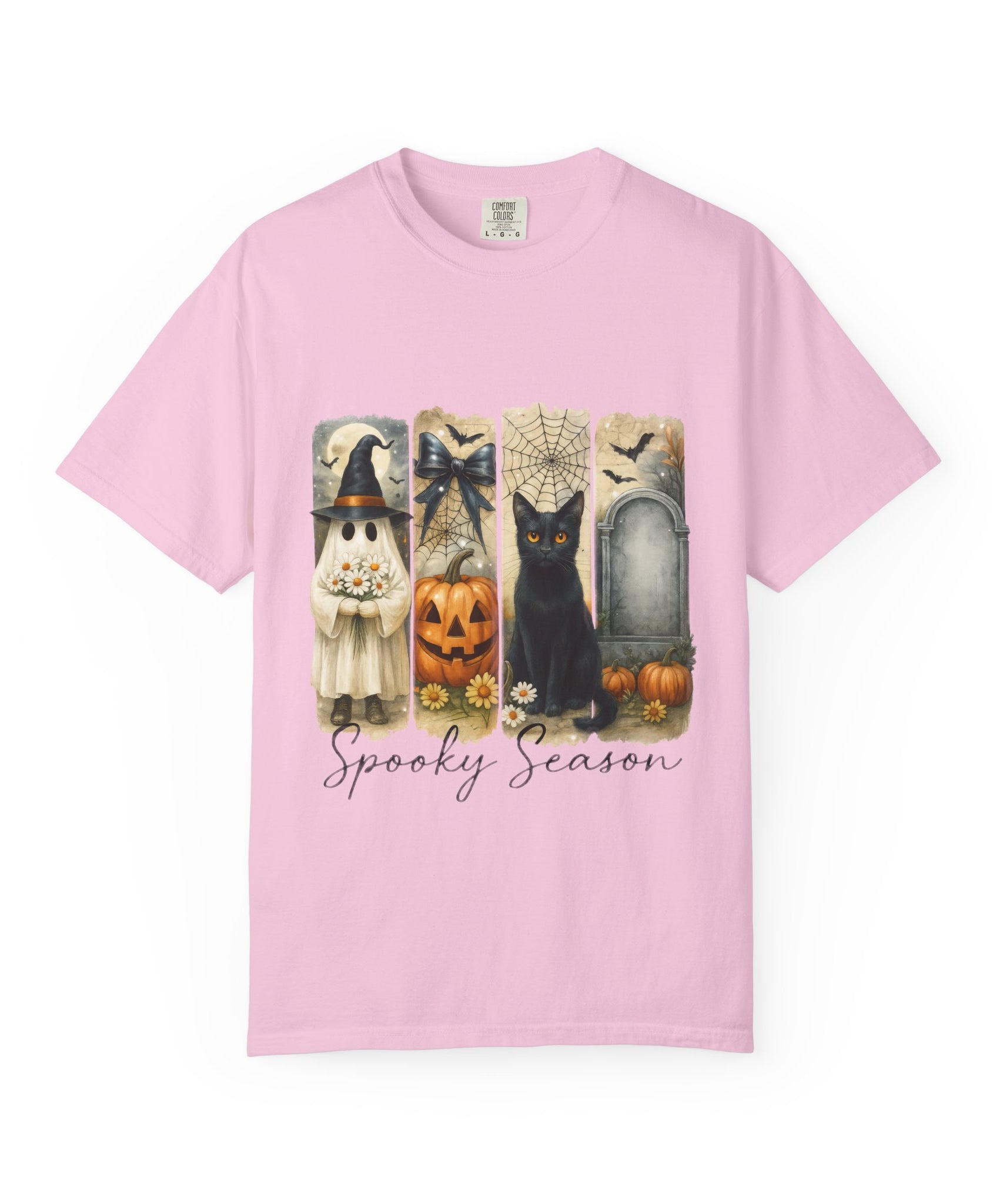 Spooky Season Halloween Unisex T-Shirt – Ghost, Black Cat & Pumpkin Design