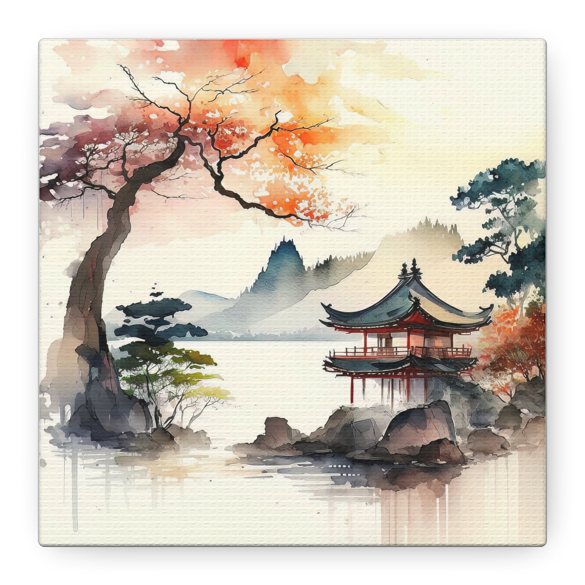 Autumn Serenity – Japanese Watercolor Wall Art with Lakeside Temple & Mountains, Floral Canvas Print, Asian-Inspired Home Decor