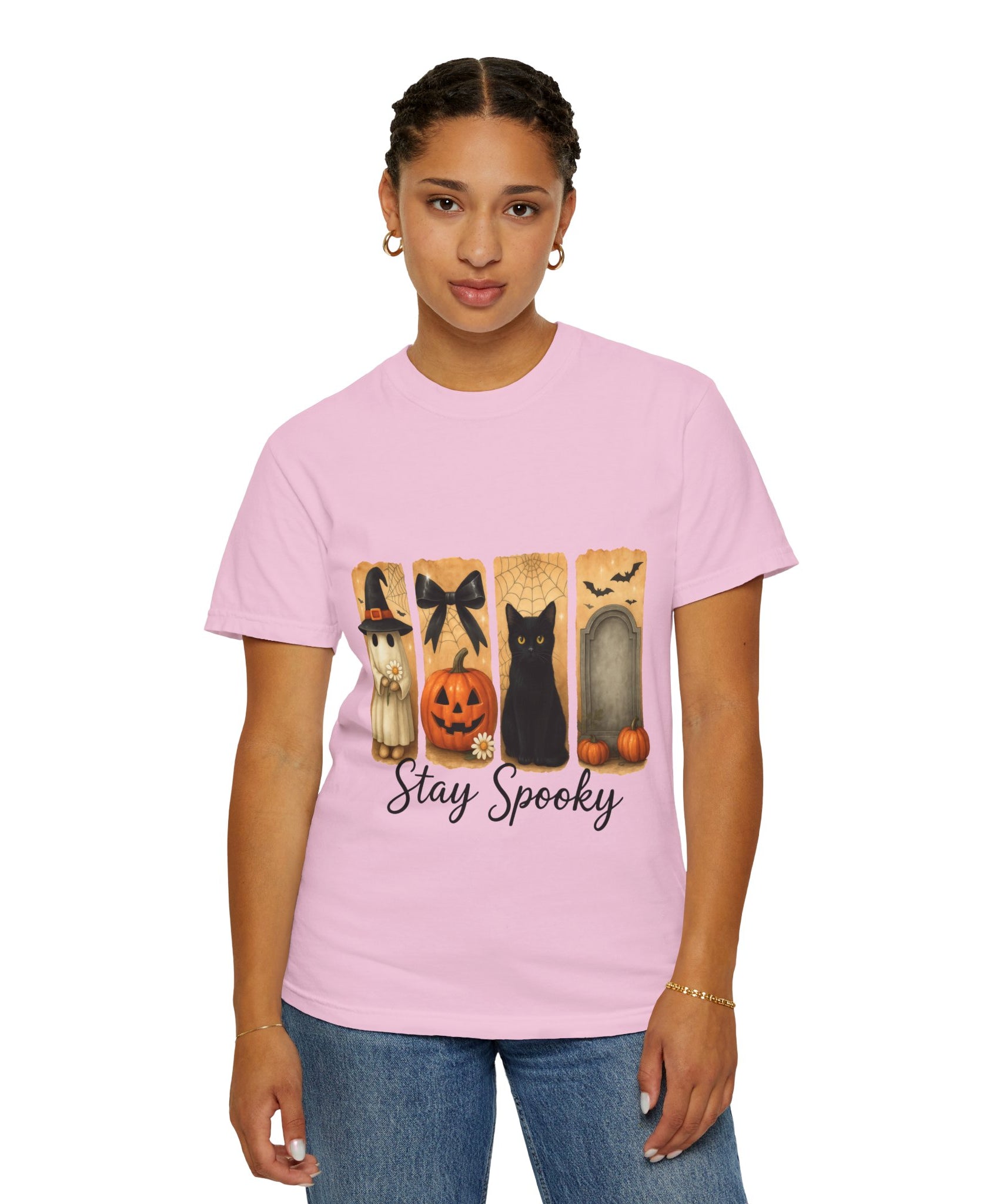 Cute Halloween T-Shirt – Ghost in Witch Hat, Pumpkin, Black Cat & Tombstone Design - Gallory Hive