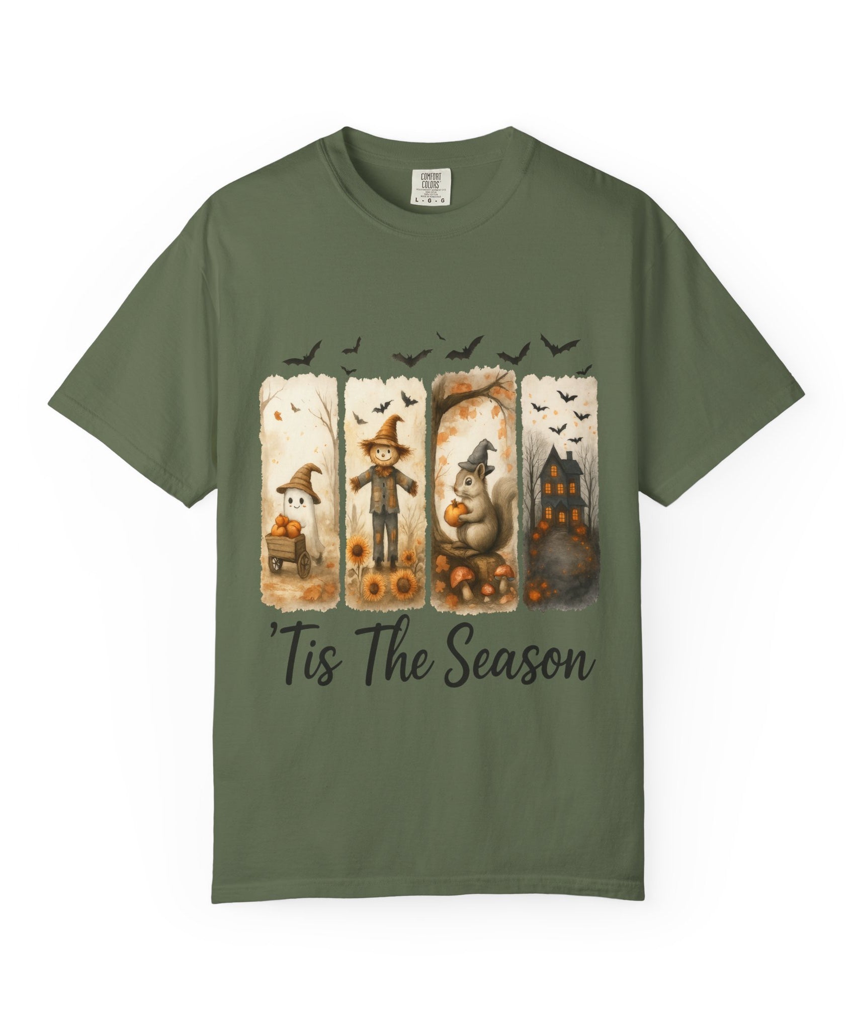 Tis The Season Fall Halloween T-Shirt – Cute Ghost, Scarecrow, Squirrel & Haunted House Design - Gallory Hive