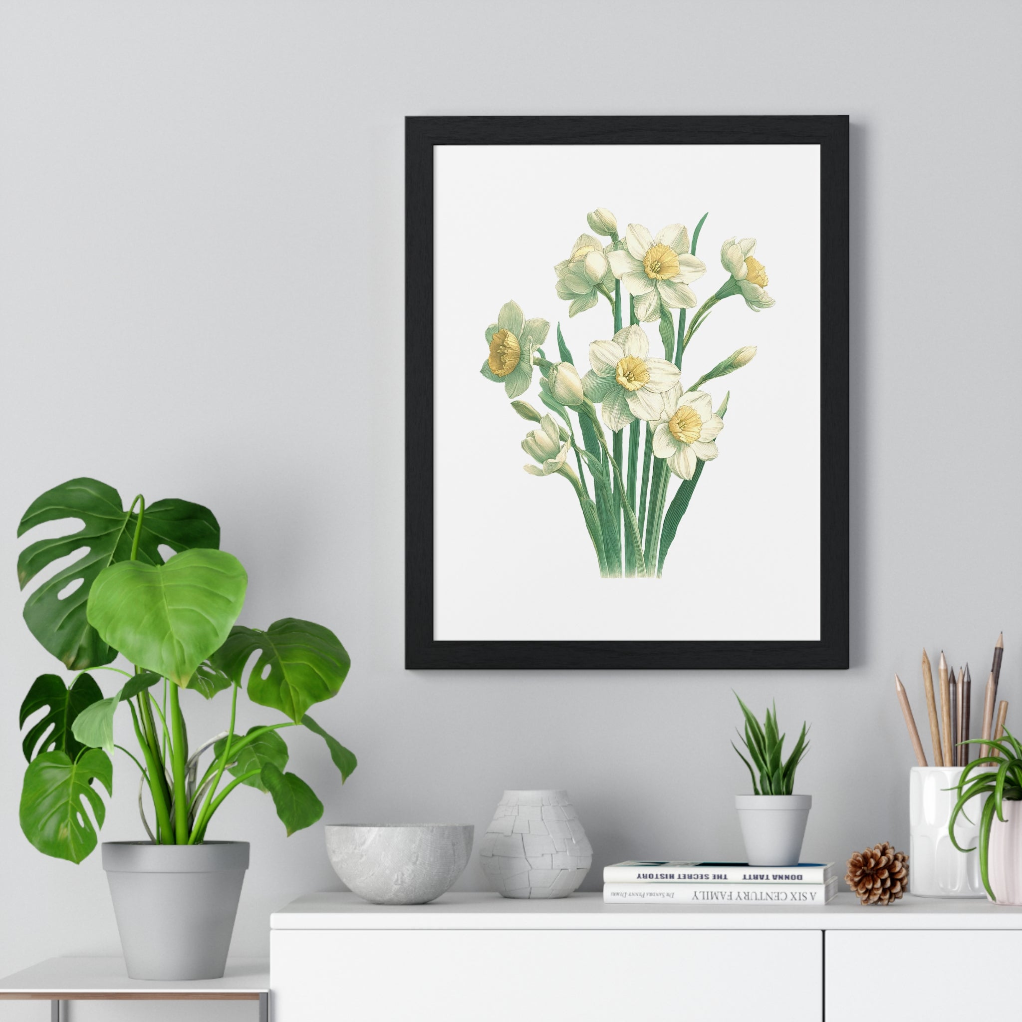 December Birth Month Flower Wall Art – Narcissus Botanical Illustration in Wooden Frame | Hope, Good Fortune & Renewal