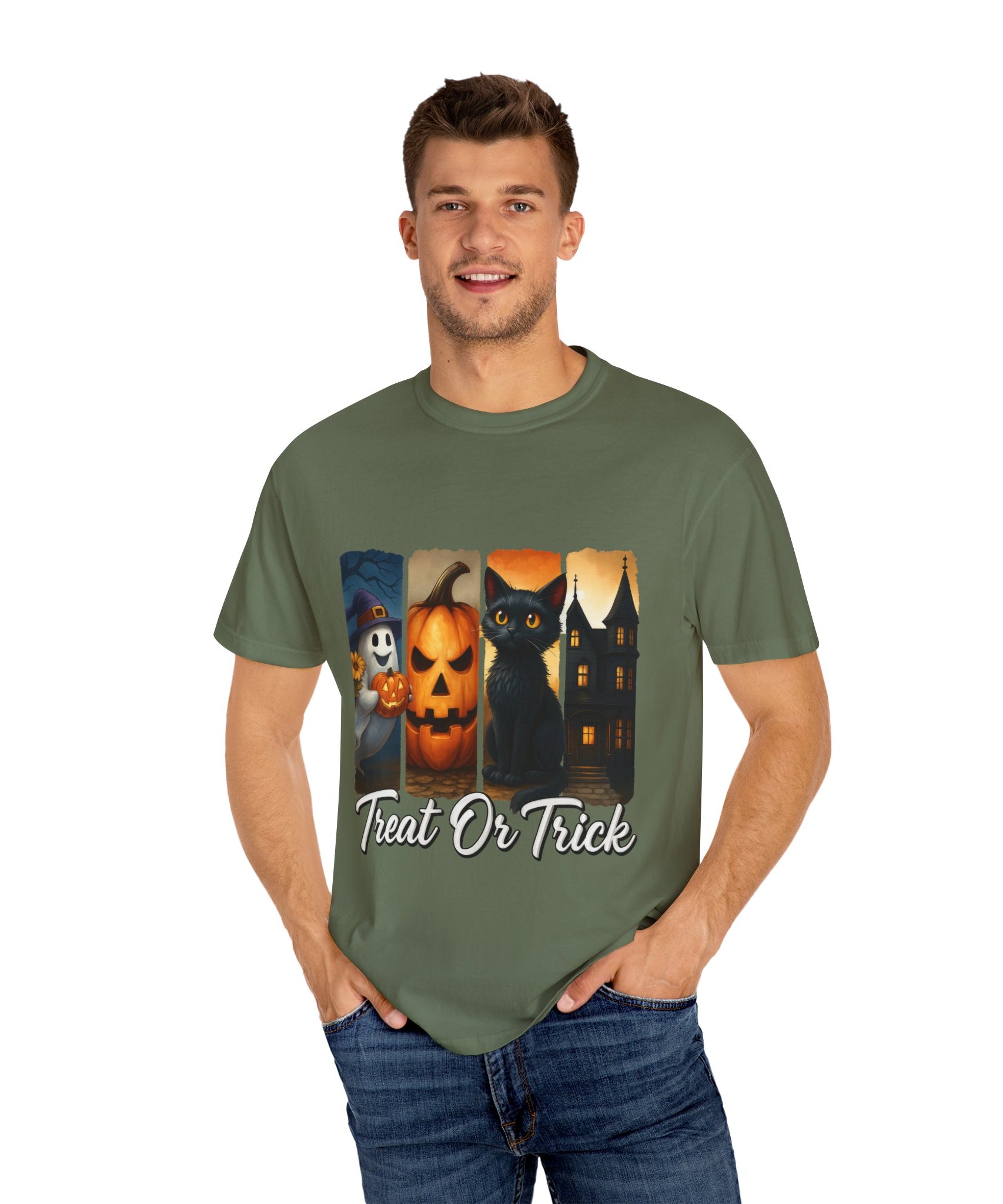 Treat Or Trick Halloween T-Shirt – Cute Ghost, Pumpkin, Black Cat & Haunted House Design - Gallory Hive
