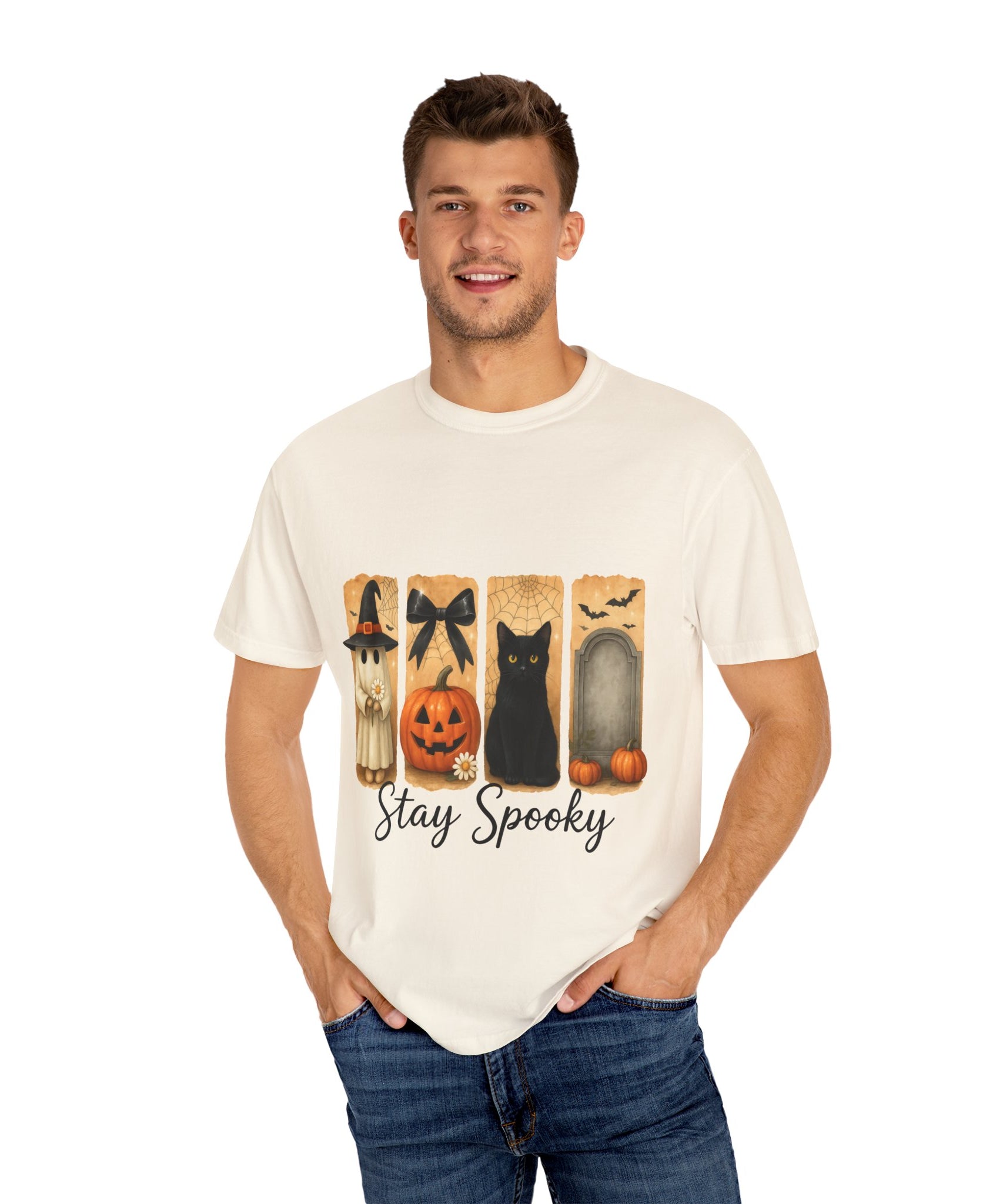 Cute Halloween T-Shirt – Ghost in Witch Hat, Pumpkin, Black Cat & Tombstone Design - Gallory Hive