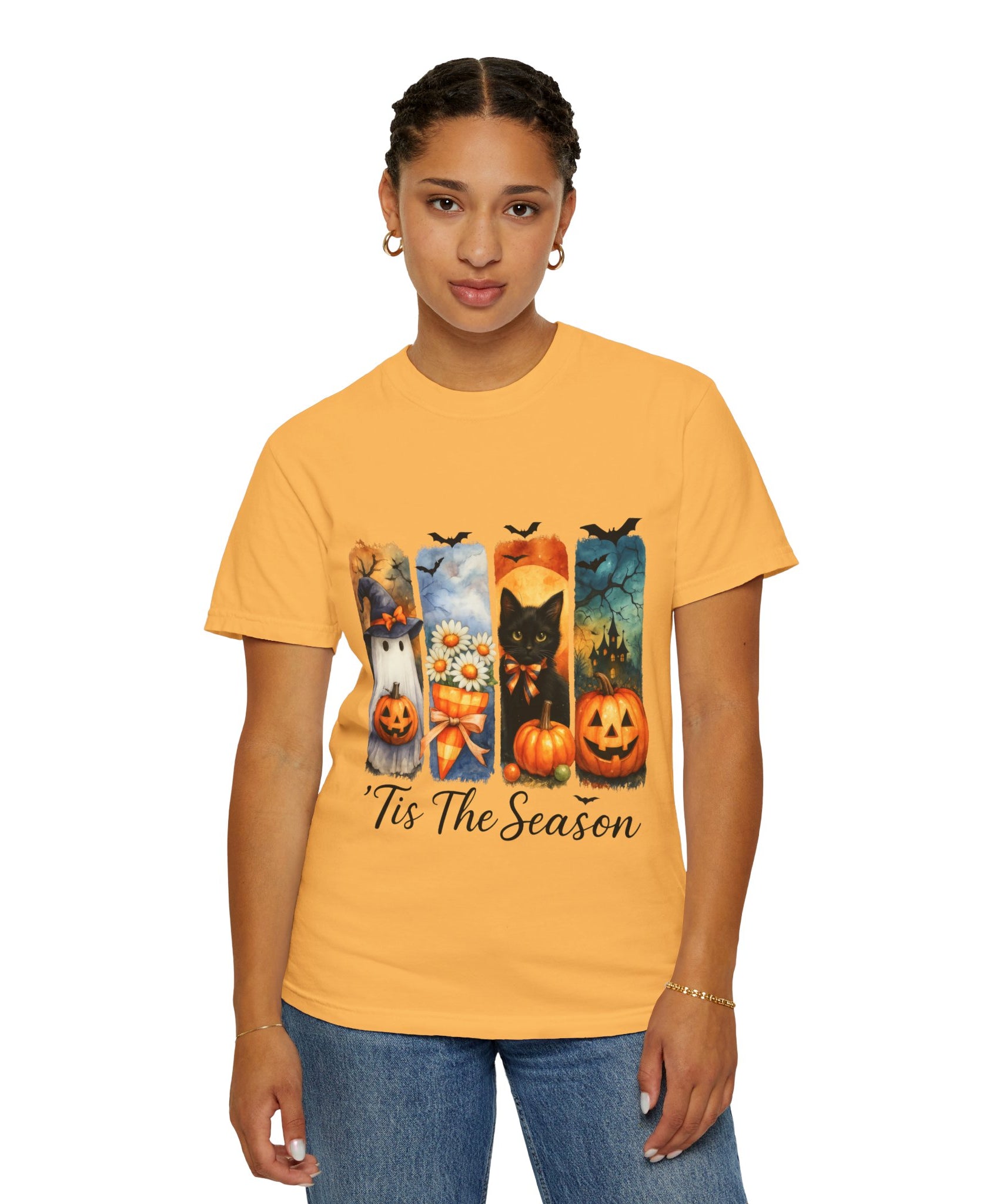 Whimsical Halloween T-Shirt – Ghost, Black Cat, Pumpkins & Haunted House Design - Gallory Hive