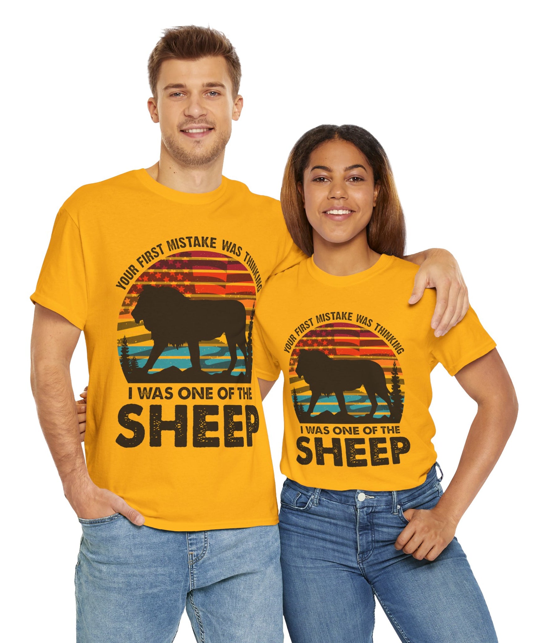 Bold Lion Tee with USA Flag Sunset