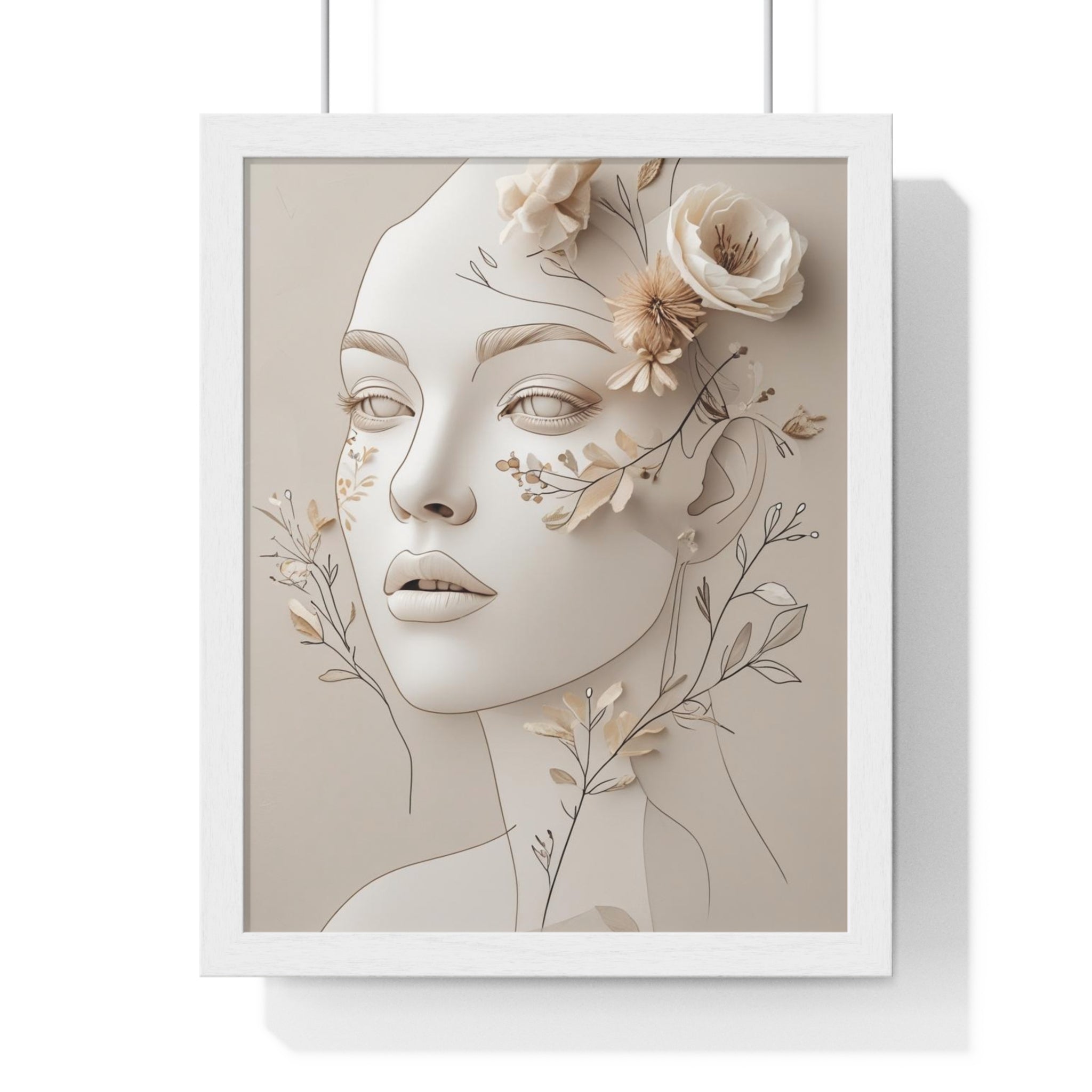 Elegant Feminine Floral Portrait Wooden Wall Art – Neutral Line Art Decor - Gallory Hive