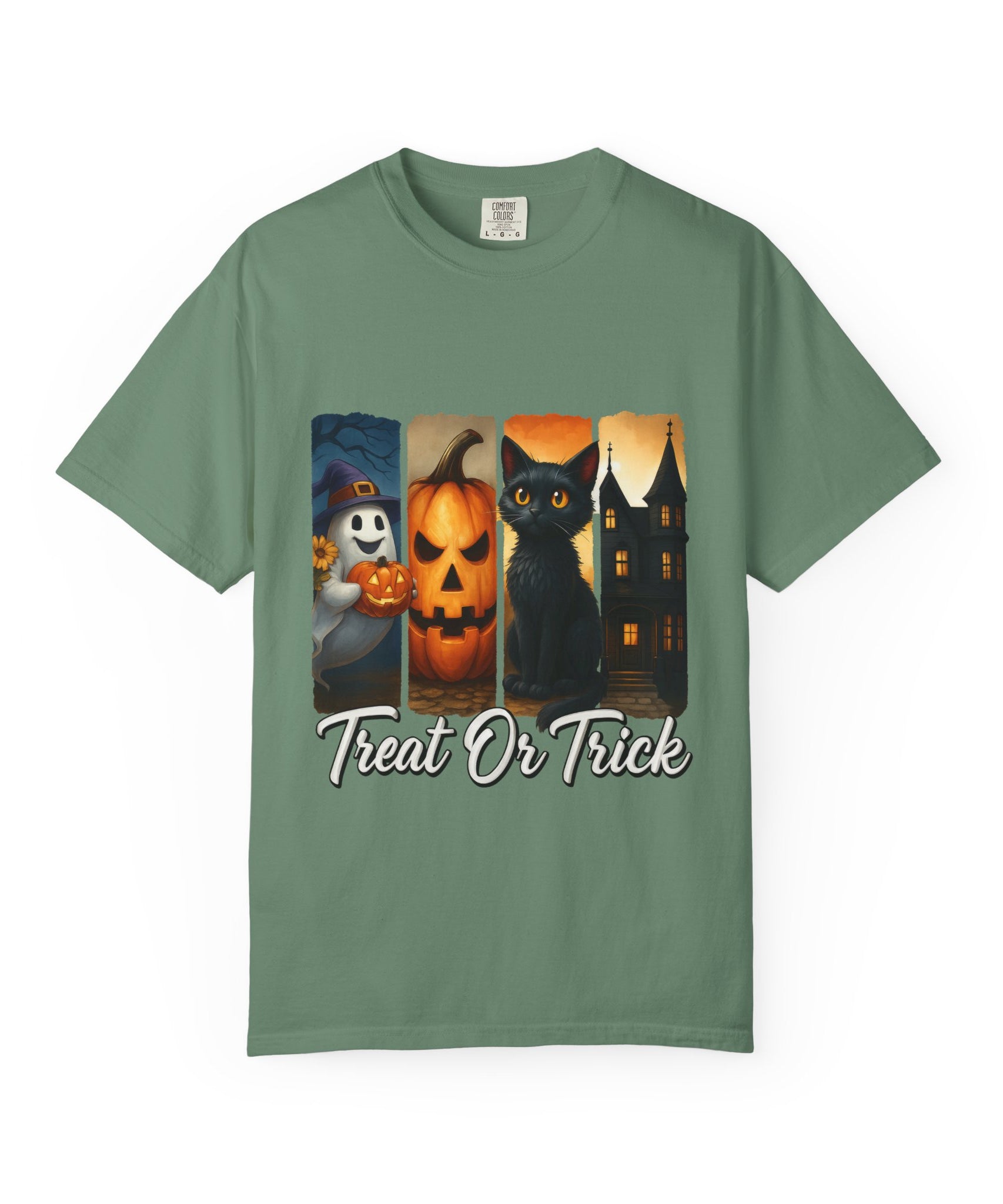 Treat Or Trick Halloween T-Shirt – Cute Ghost, Pumpkin, Black Cat & Haunted House Design - Gallory Hive