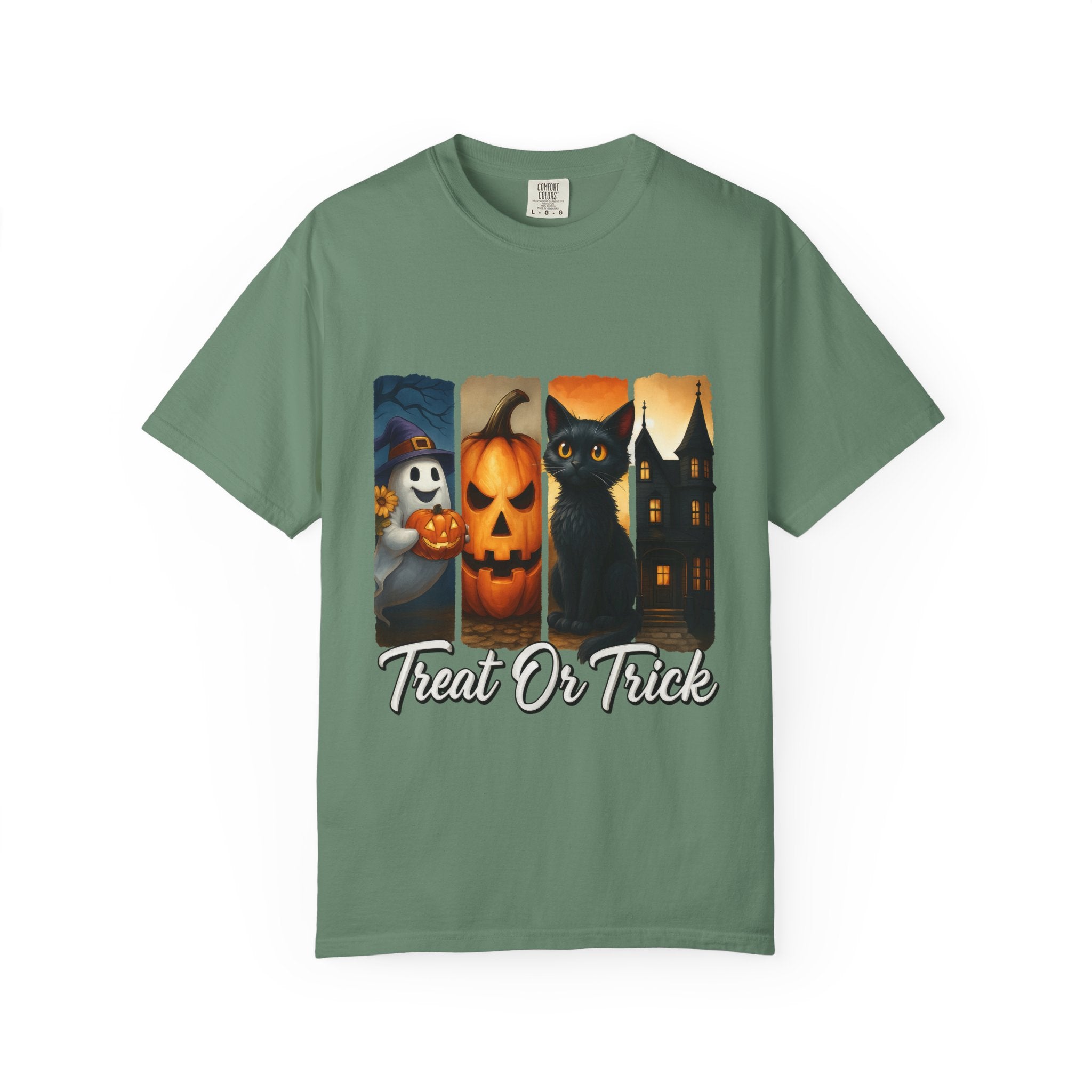 Treat Or Trick Halloween T-Shirt – Cute Ghost, Pumpkin, Black Cat & Haunted House Design - Gallory Hive